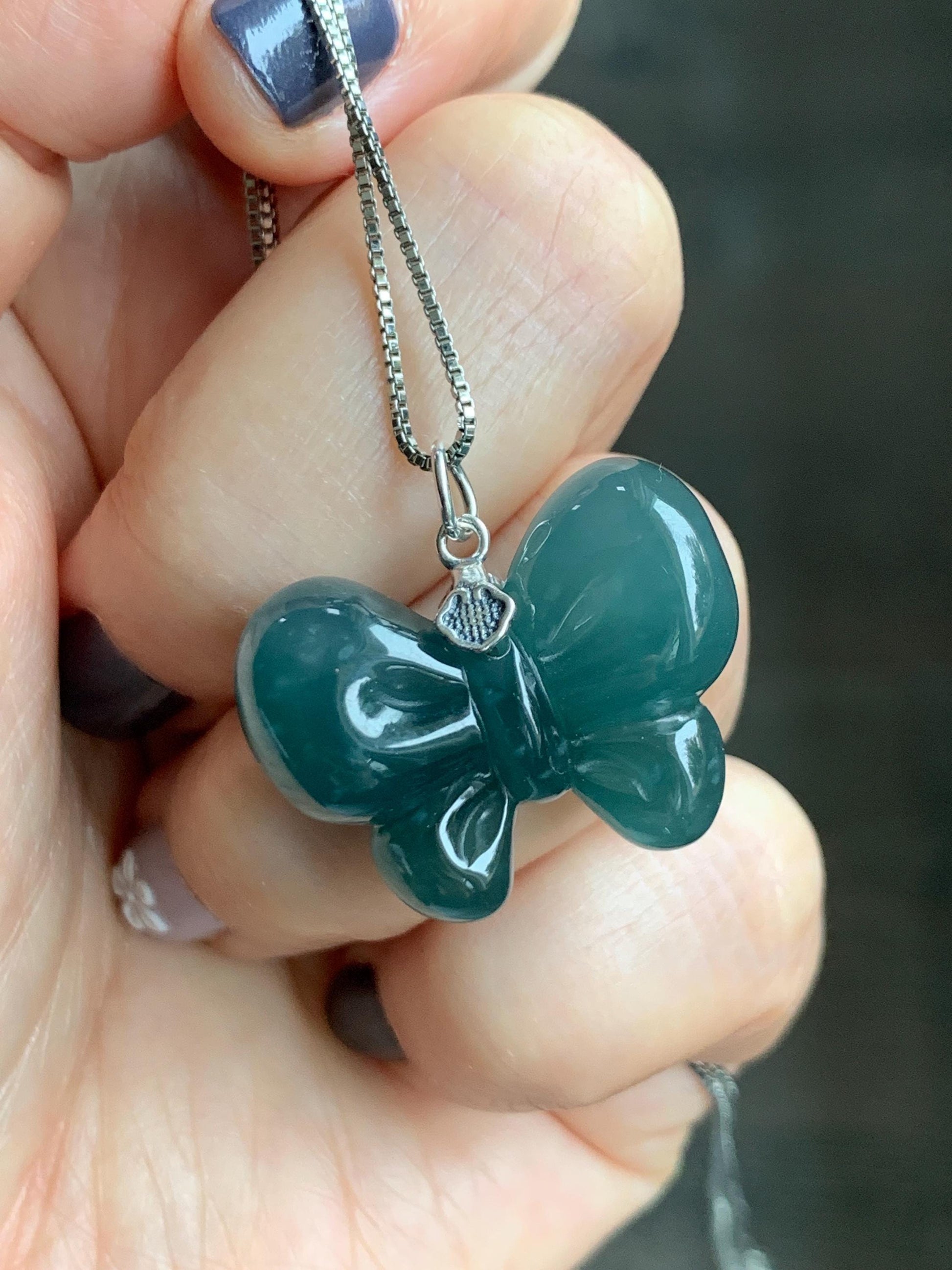 Natural Grade A Guatemalan Icy Translucent Dark Teal Blue Jade Jadeite Puffy Bow Pendant Sterling Silver 8g 天然冰危深蓝翡翠蝴蝶结吊坠 WHD220A