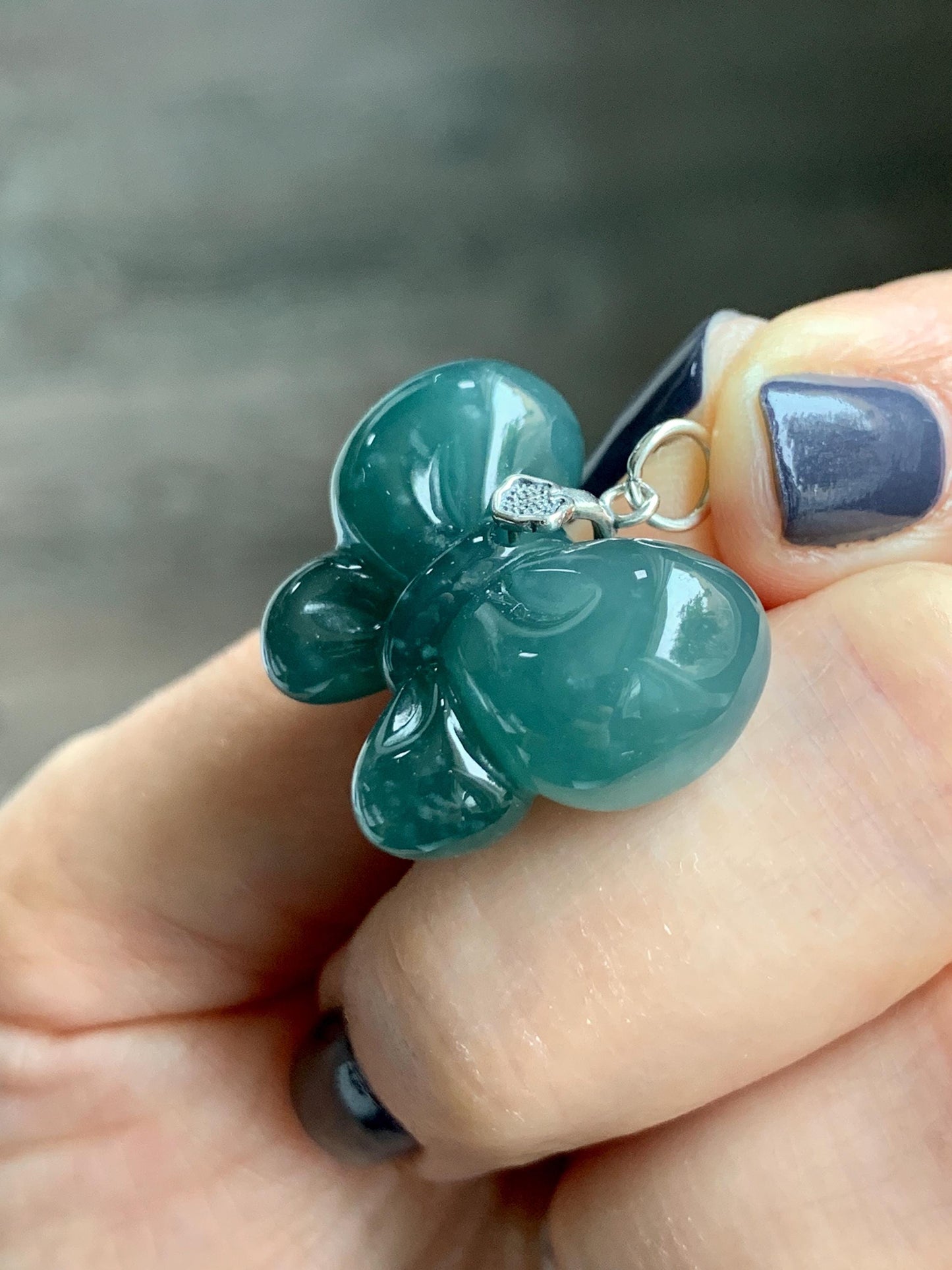 Natural Grade A Guatemalan Icy Translucent Dark Teal Blue Jade Jadeite Puffy Bow Pendant Sterling Silver 8g 天然冰危深蓝翡翠蝴蝶结吊坠 WHD220A