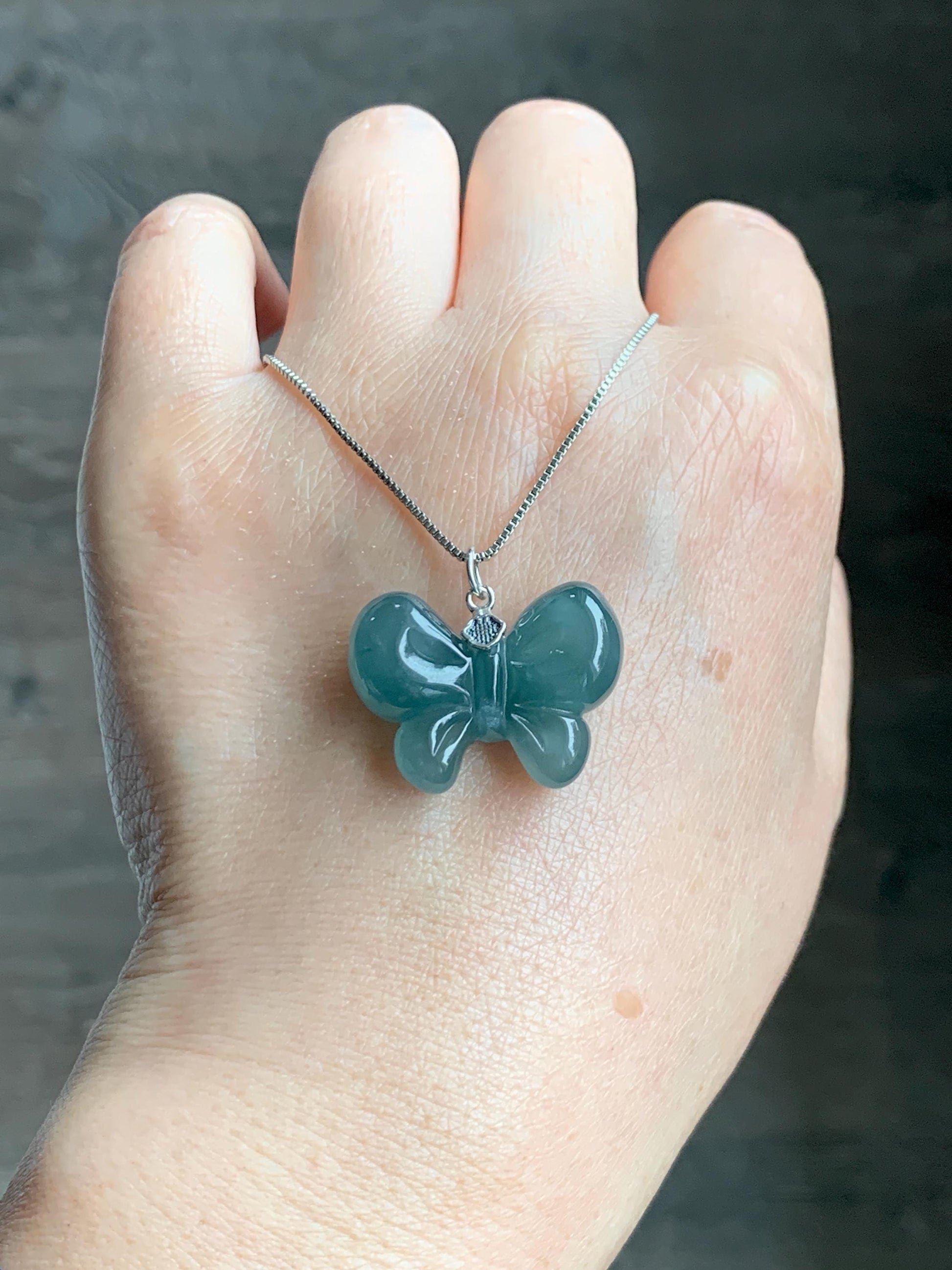 Natural Grade A Guatemalan Icy Translucent Dark Teal Blue Jade Jadeite Puffy Bow Pendant Sterling Silver 6g 天然冰危深蓝翡翠蝴蝶结吊坠 WHD220B