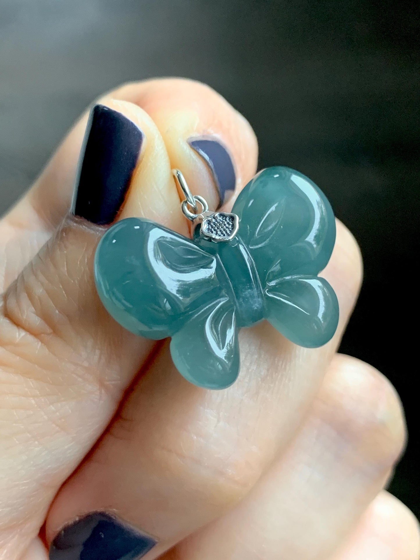 Natural Grade A Guatemalan Icy Translucent Dark Teal Blue Jade Jadeite Puffy Bow Pendant Sterling Silver 6g 天然冰危深蓝翡翠蝴蝶结吊坠 WHD220B