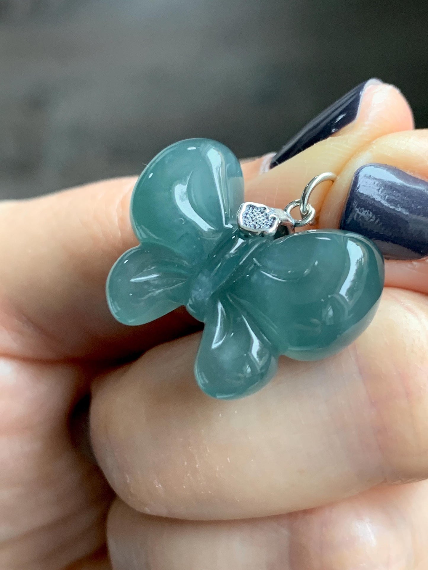 Natural Grade A Guatemalan Icy Translucent Dark Teal Blue Jade Jadeite Puffy Bow Pendant Sterling Silver 6g 天然冰危深蓝翡翠蝴蝶结吊坠 WHD220B