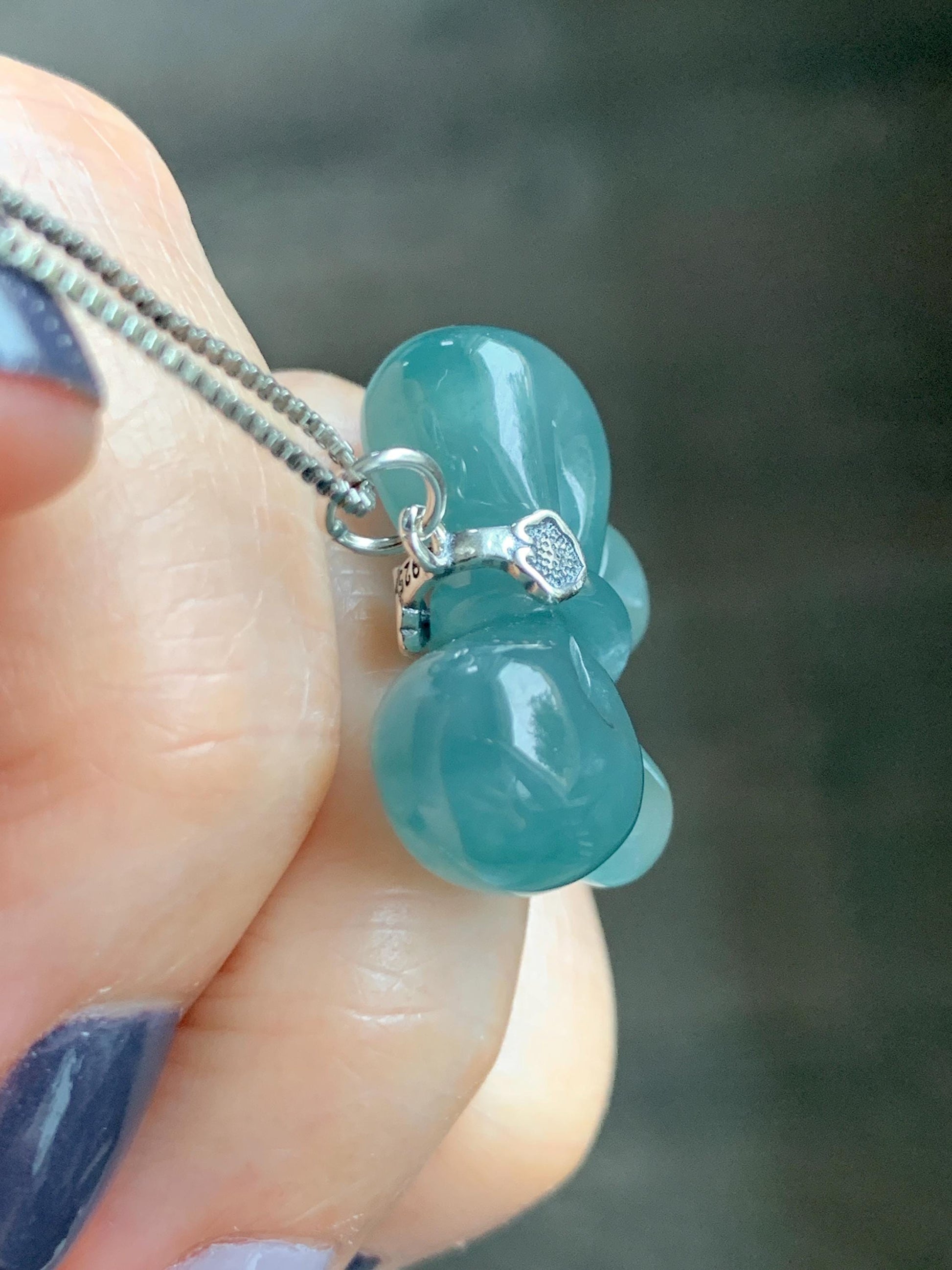 Natural Grade A Guatemalan Icy Translucent Dark Teal Blue Jade Jadeite Puffy Bow Pendant Sterling Silver 6g 天然冰危深蓝翡翠蝴蝶结吊坠 WHD220B