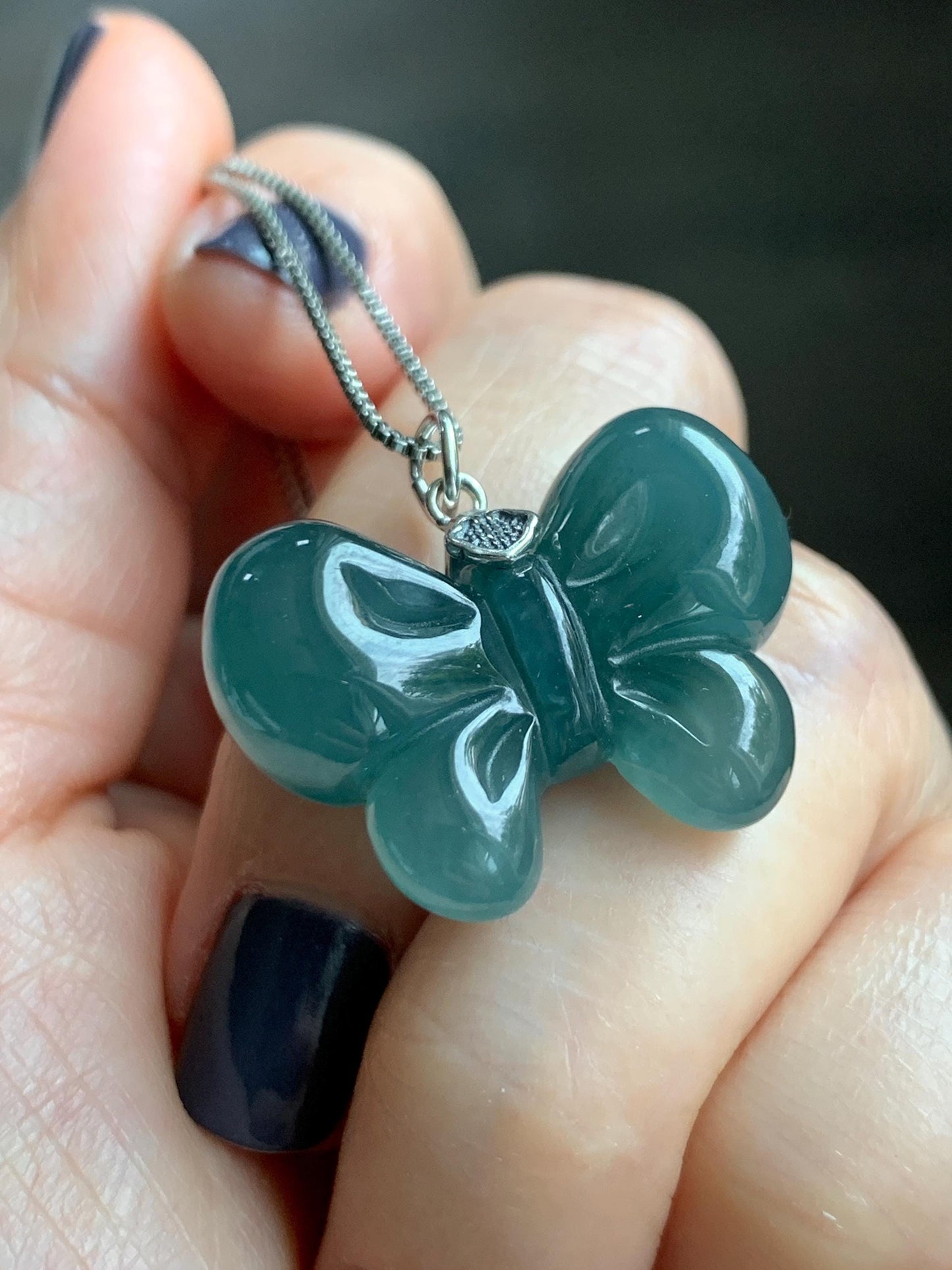 Natural Grade A Guatemalan Icy Translucent Dark Teal Blue Jade Jadeite Puffy Bow Pendant Sterling Silver 6g 天然冰危深蓝翡翠蝴蝶结吊坠 WHD220C