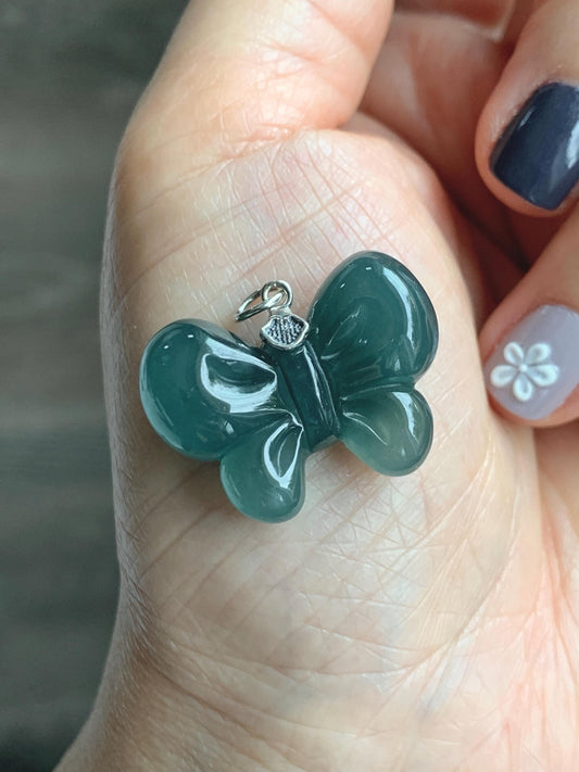 Natural Grade A Guatemalan Icy Translucent Dark Teal Blue Jade Jadeite Puffy Bow Pendant Sterling Silver 6g 天然冰危深蓝翡翠蝴蝶结吊坠 WHD220C