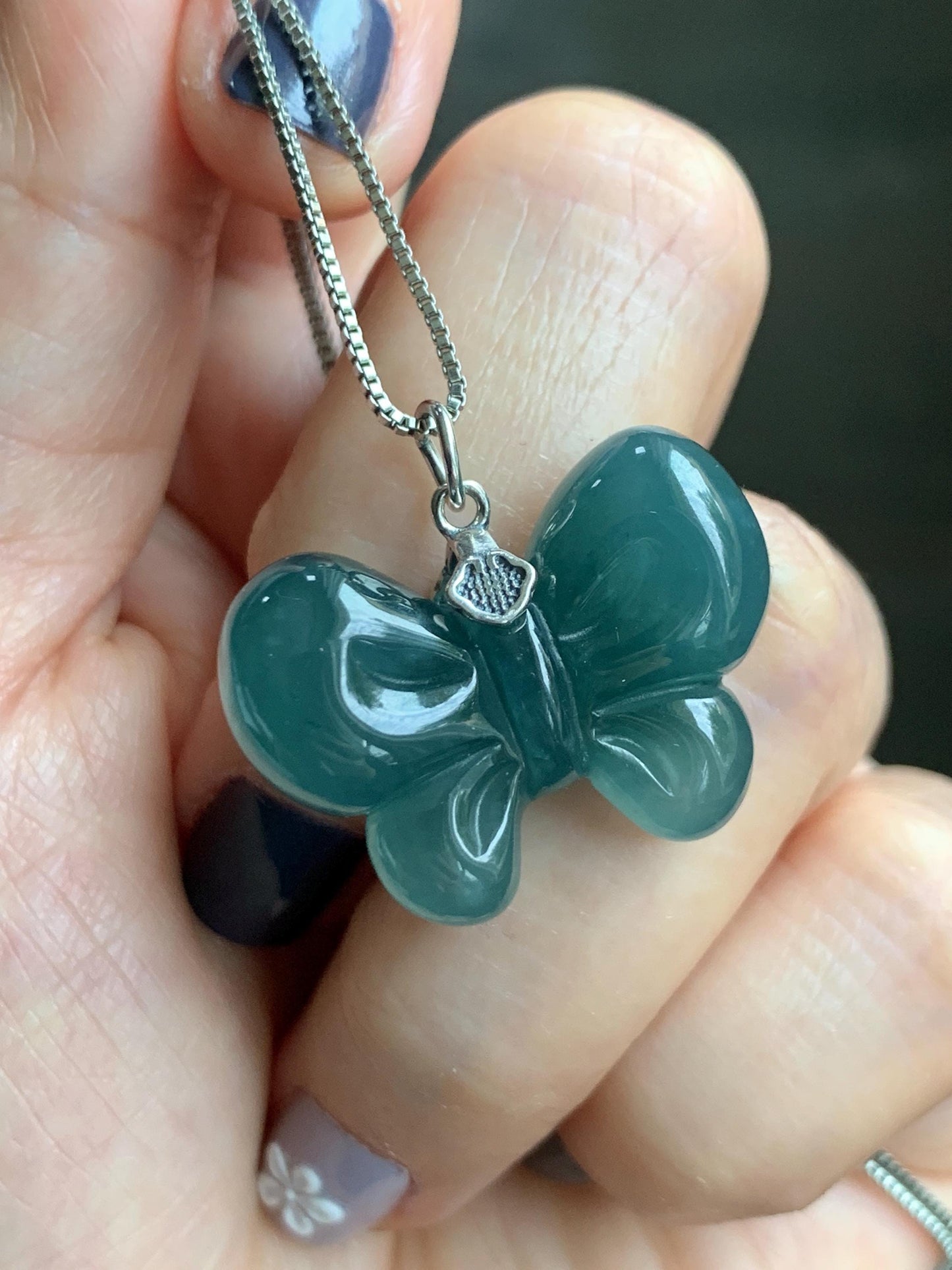 Natural Grade A Guatemalan Icy Translucent Dark Teal Blue Jade Jadeite Puffy Bow Pendant Sterling Silver 6g 天然冰危深蓝翡翠蝴蝶结吊坠 WHD220C
