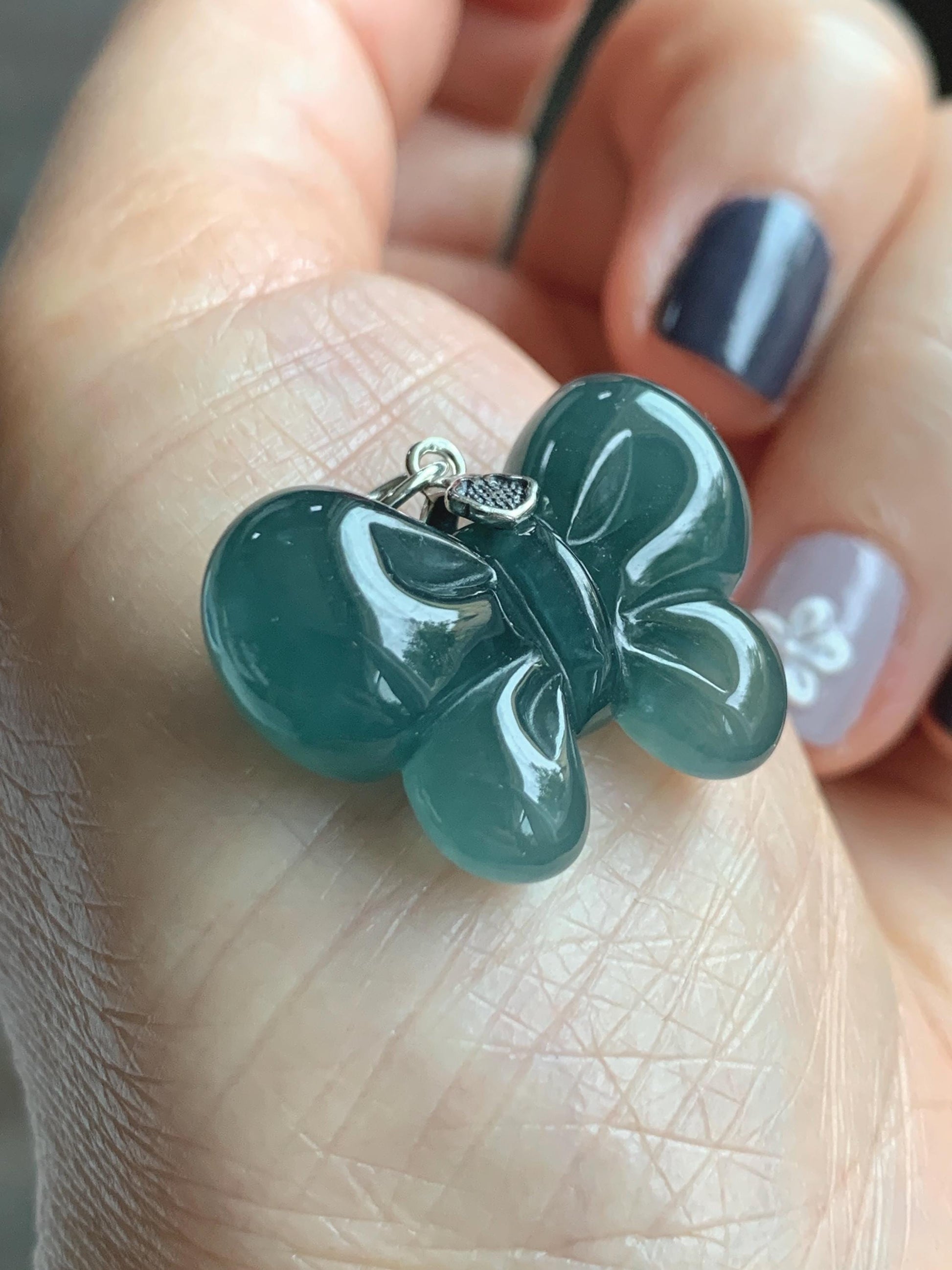 Natural Grade A Guatemalan Icy Translucent Dark Teal Blue Jade Jadeite Puffy Bow Pendant Sterling Silver 6g 天然冰危深蓝翡翠蝴蝶结吊坠 WHD220C