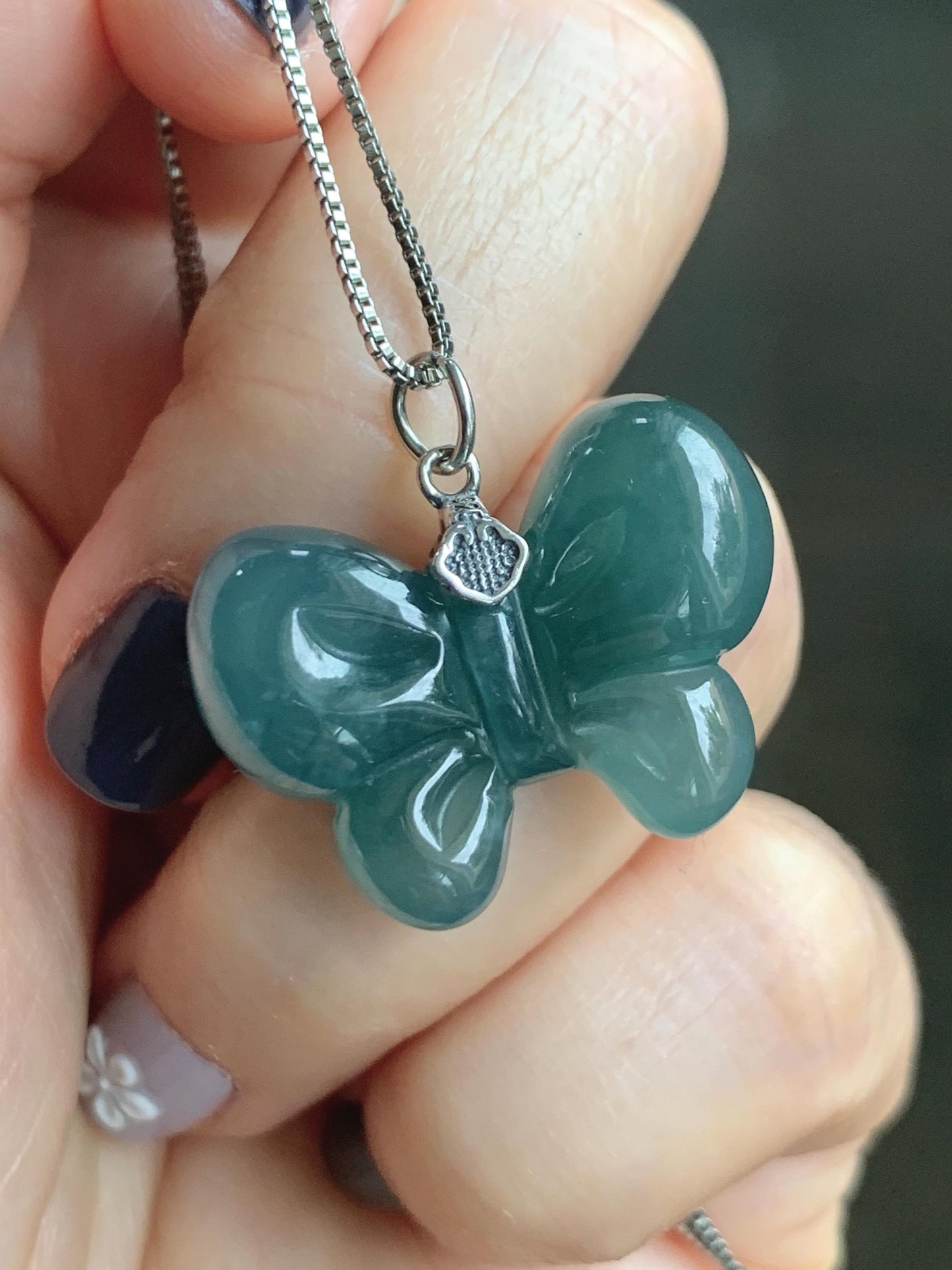 Natural Grade A Guatemalan Icy Translucent Dark Teal Blue Jade Jadeite Puffy Bow Pendant Sterling Silver 6g 天然冰危深蓝翡翠蝴蝶结吊坠 WHD220C