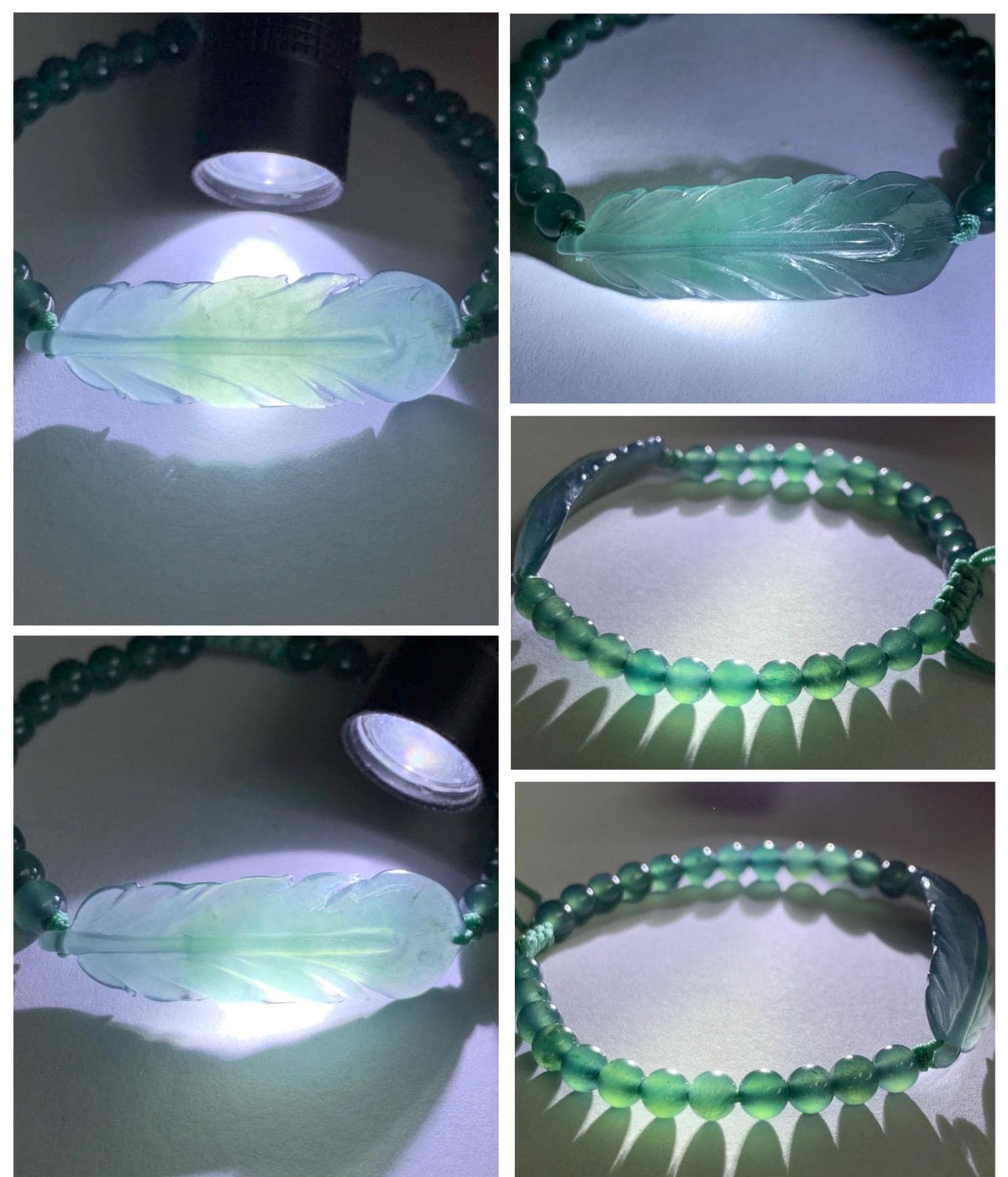 Natural Grade A Guatemalan Icy Highly Translucent Dark Teal Blue Jade Jadeite Feather Cuff Beaded Bracelet 6.75” 8g 天然冰危蓝绿翡翠羽毛圆珠手串 WYM196