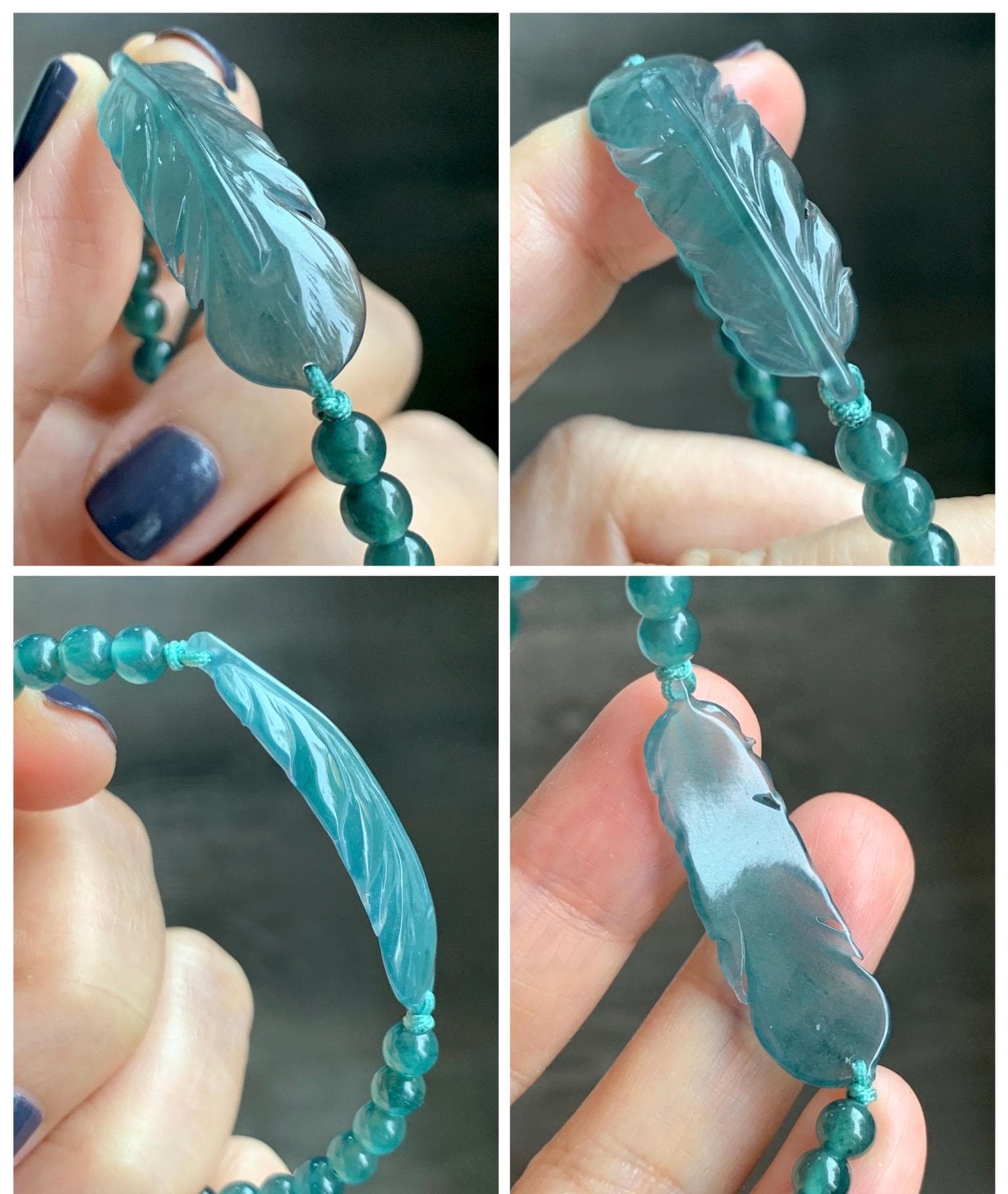 Natural Grade A Guatemalan Icy Highly Translucent Dark Teal Blue Jade Jadeite Feather Cuff Beaded Bracelet 6.75” 8g 天然冰危蓝绿翡翠羽毛圆珠手串 WYM196