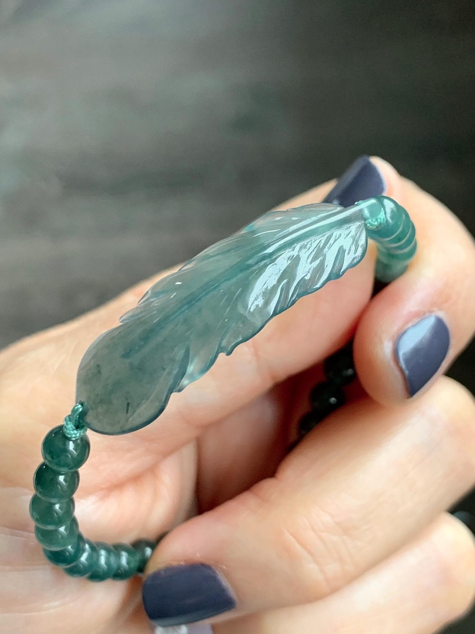 Natural Grade A Guatemalan Icy Highly Translucent Dark Teal Blue Jade Jadeite Feather Cuff Beaded Bracelet 6.75” 8g 天然冰危蓝绿翡翠羽毛圆珠手串 WYM196