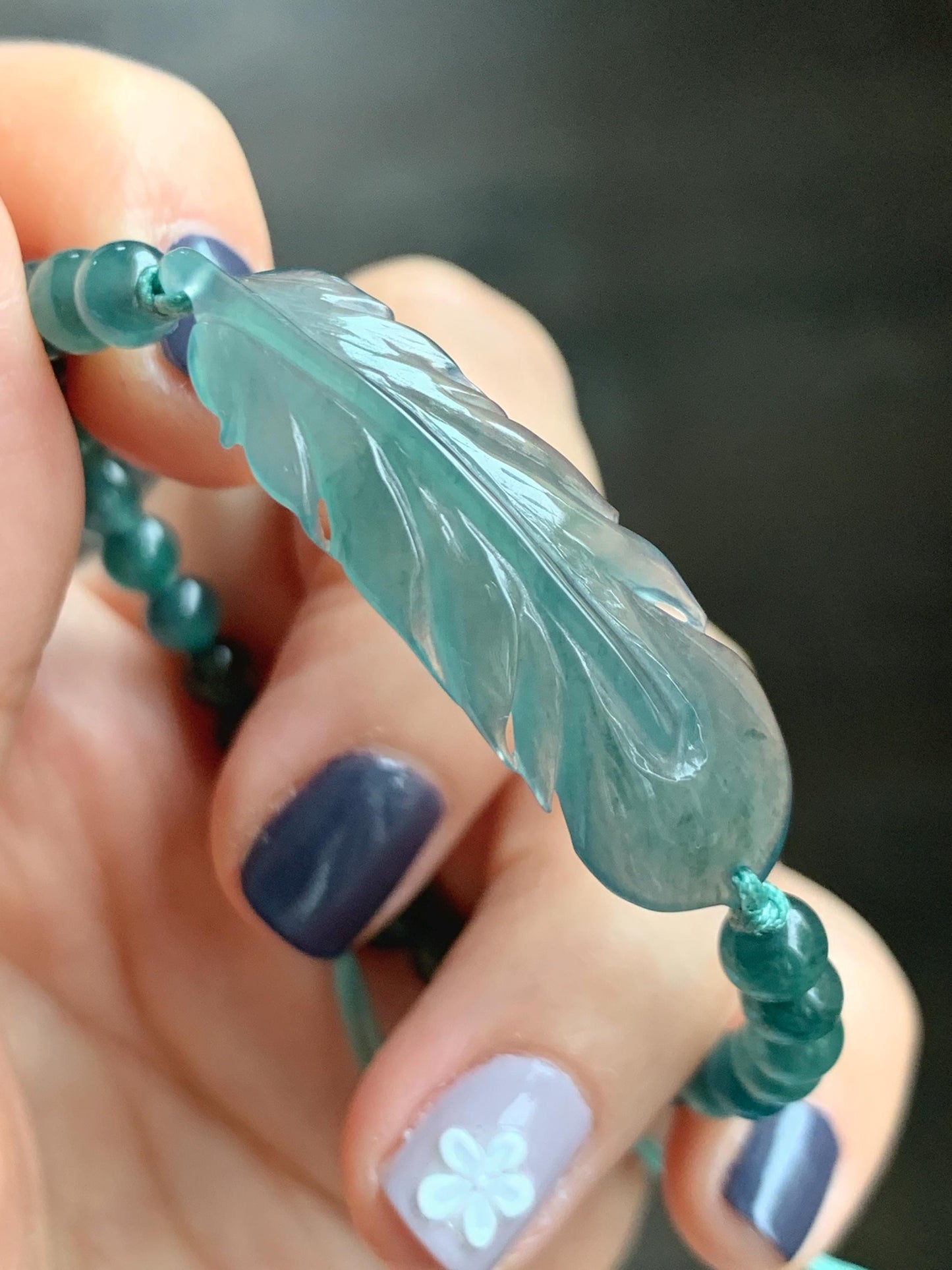 Natural Grade A Guatemalan Icy Highly Translucent Dark Teal Blue Jade Jadeite Feather Cuff Beaded Bracelet 6.75” 8g 天然冰危蓝绿翡翠羽毛圆珠手串 WYM196