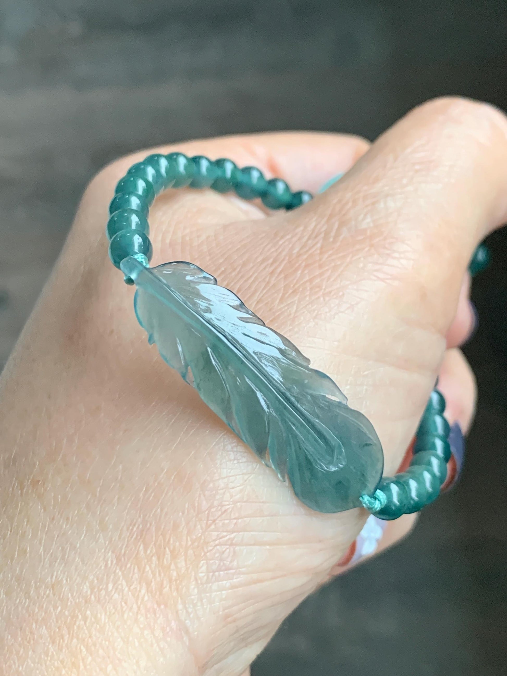 Natural Grade A Guatemalan Icy Highly Translucent Dark Teal Blue Jade Jadeite Feather Cuff Beaded Bracelet 6.75” 8g 天然冰危蓝绿翡翠羽毛圆珠手串 WYM196