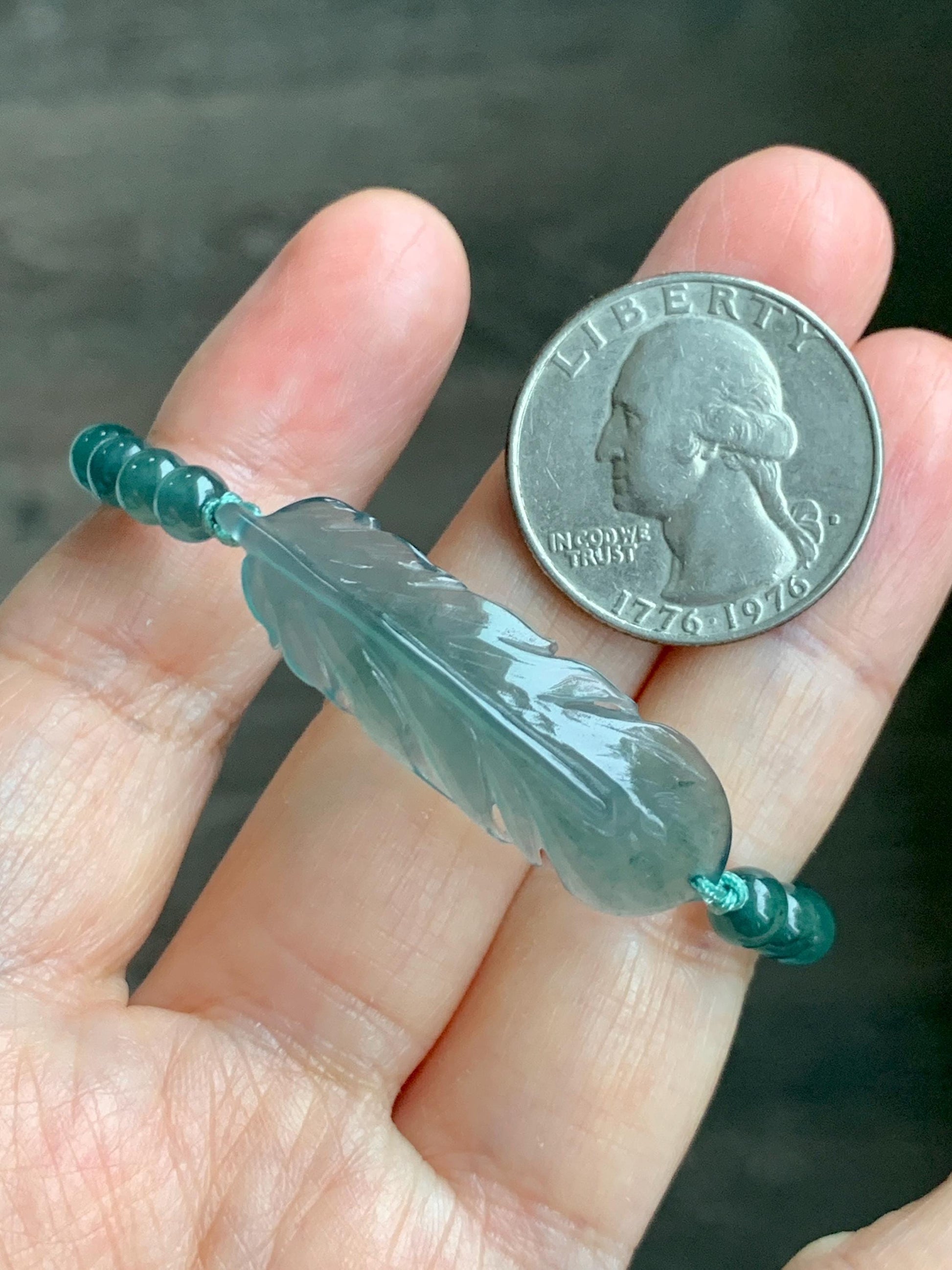 Natural Grade A Guatemalan Icy Highly Translucent Dark Teal Blue Jade Jadeite Feather Cuff Beaded Bracelet 6.75” 8g 天然冰危蓝绿翡翠羽毛圆珠手串 WYM196