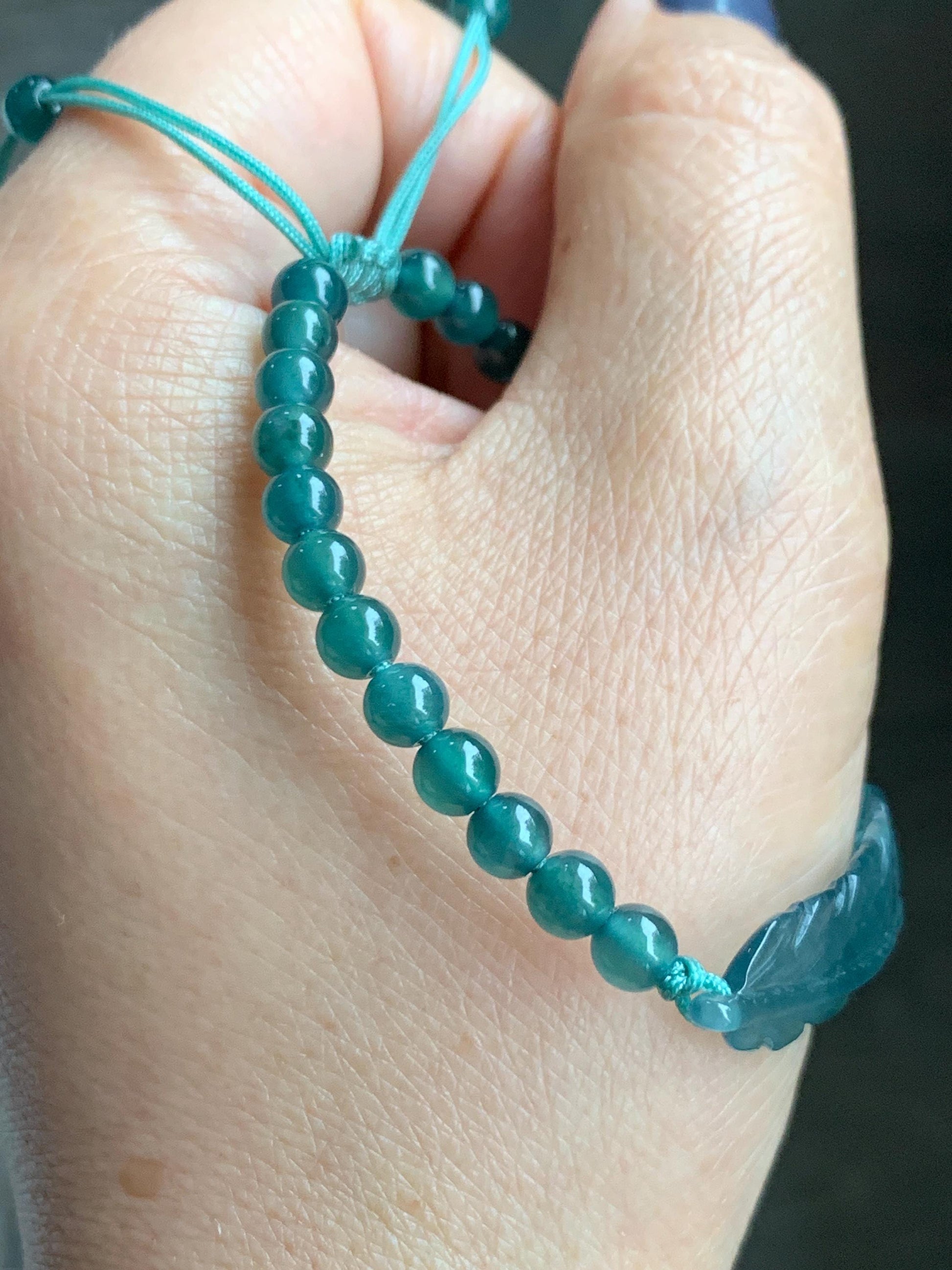 Natural Grade A Guatemalan Icy Highly Translucent Dark Teal Blue Jade Jadeite Feather Cuff Beaded Bracelet 6.75” 8g 天然冰危蓝绿翡翠羽毛圆珠手串 WYM196