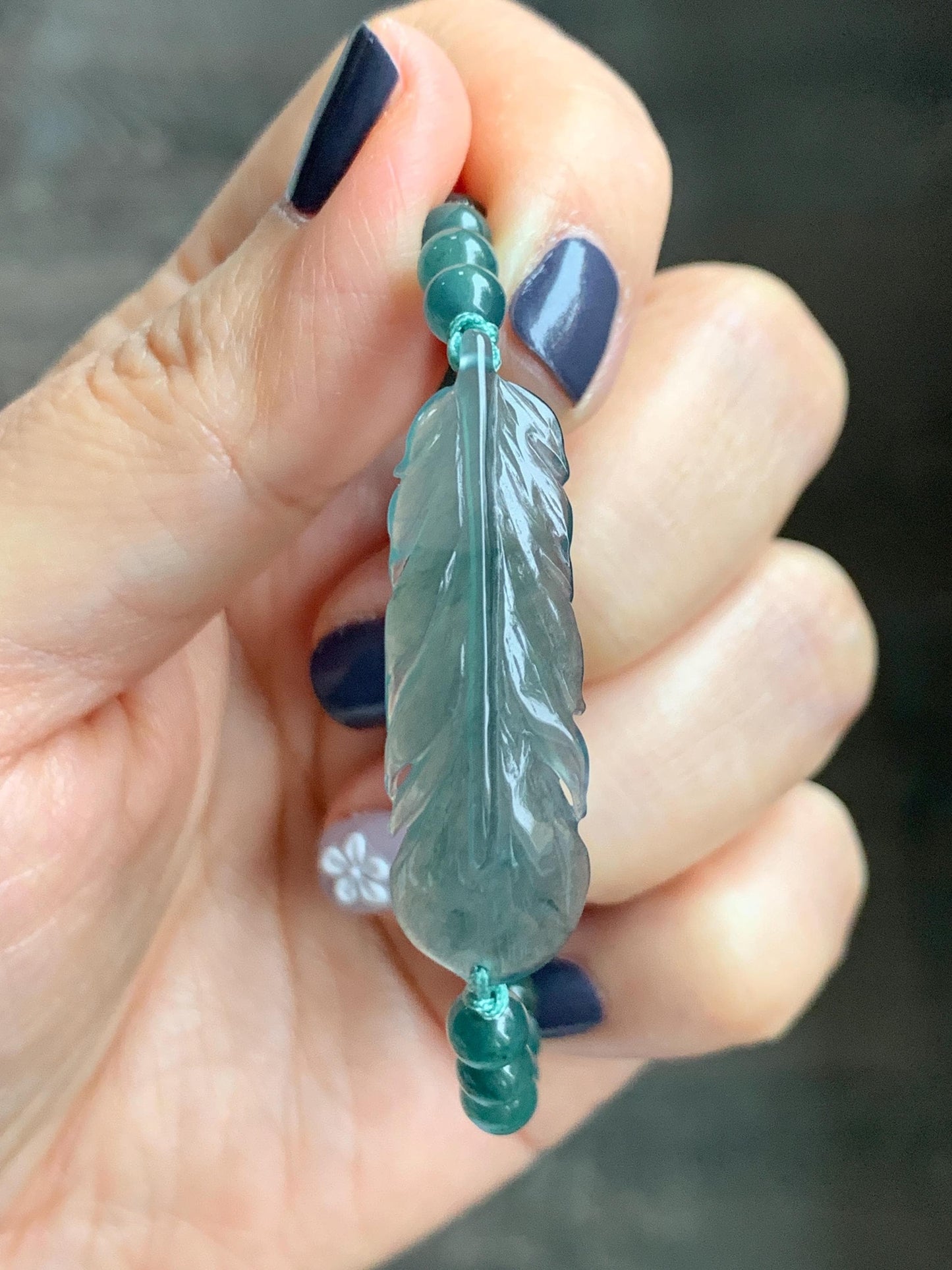 Natural Grade A Guatemalan Icy Highly Translucent Dark Teal Blue Jade Jadeite Feather Cuff Beaded Bracelet 6.75” 8g 天然冰危蓝绿翡翠羽毛圆珠手串 WYM196