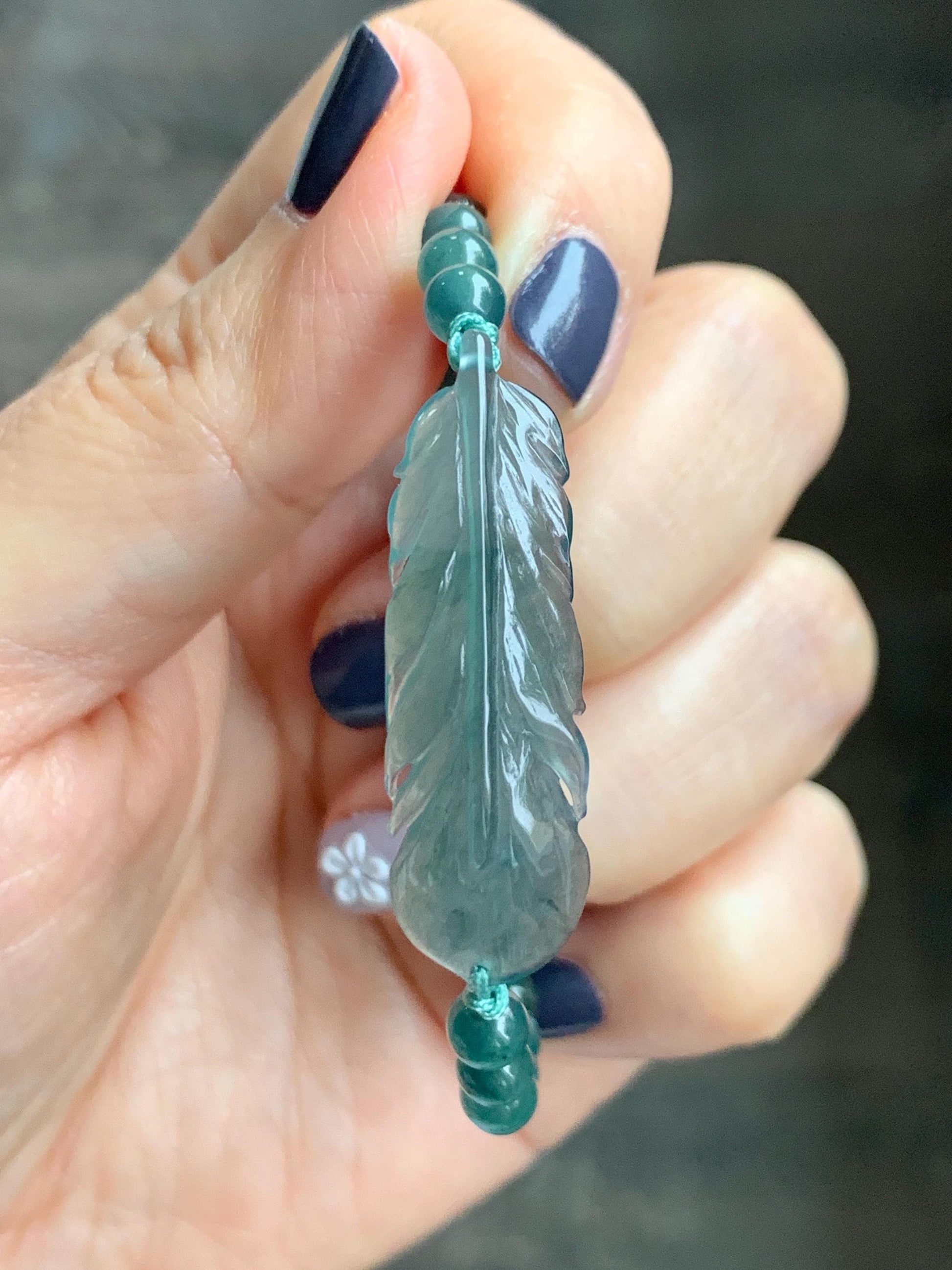 Natural Grade A Guatemalan Icy Highly Translucent Dark Teal Blue Jade Jadeite Feather Cuff Beaded Bracelet 6.75” 8g 天然冰危蓝绿翡翠羽毛圆珠手串 WYM196