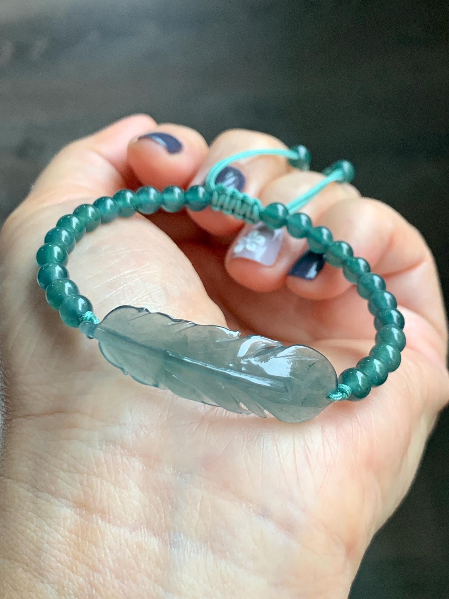 Natural Grade A Guatemalan Icy Highly Translucent Dark Teal Blue Jade Jadeite Feather Cuff Beaded Bracelet 6.75” 8g 天然冰危蓝绿翡翠羽毛圆珠手串 WYM196