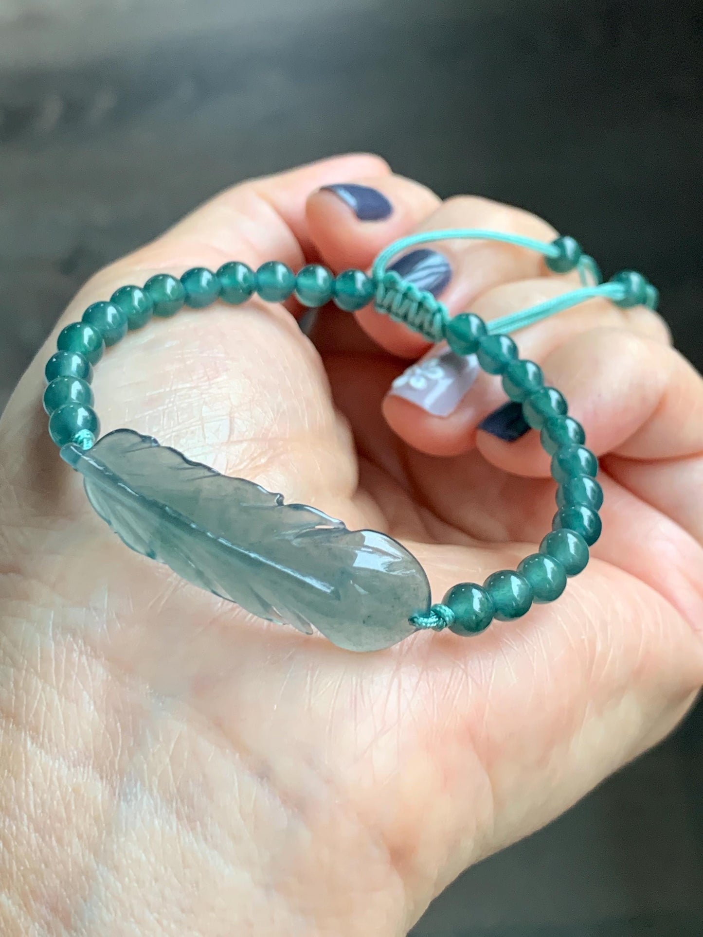 Natural Grade A Guatemalan Icy Highly Translucent Dark Teal Blue Jade Jadeite Feather Cuff Beaded Bracelet 6.75” 8g 天然冰危蓝绿翡翠羽毛圆珠手串 WYM196