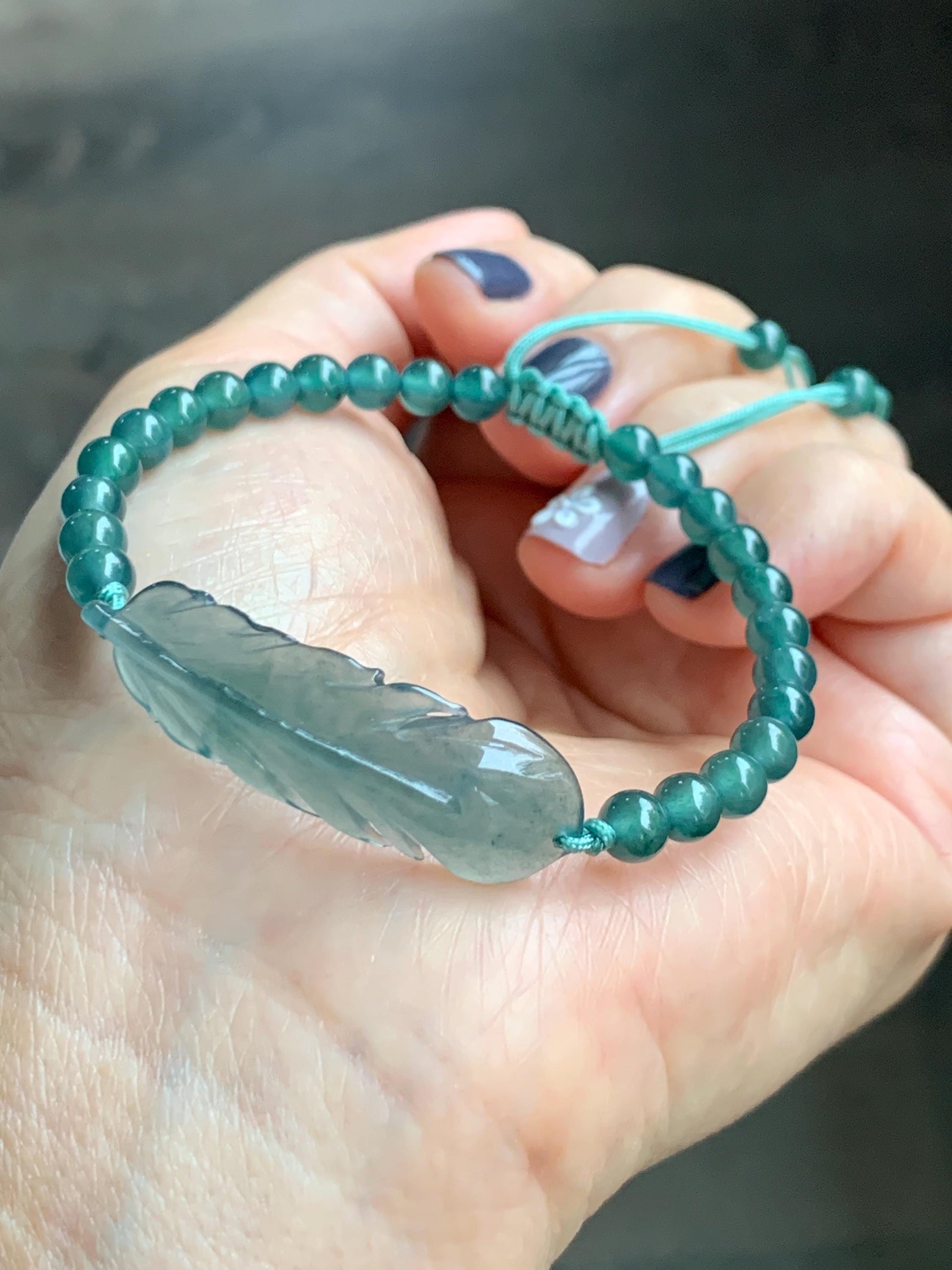 Natural Grade A Guatemalan Icy Highly Translucent Dark Teal Blue Jade Jadeite Feather Cuff Beaded Bracelet 6.75” 8g 天然冰危蓝绿翡翠羽毛圆珠手串 WYM196
