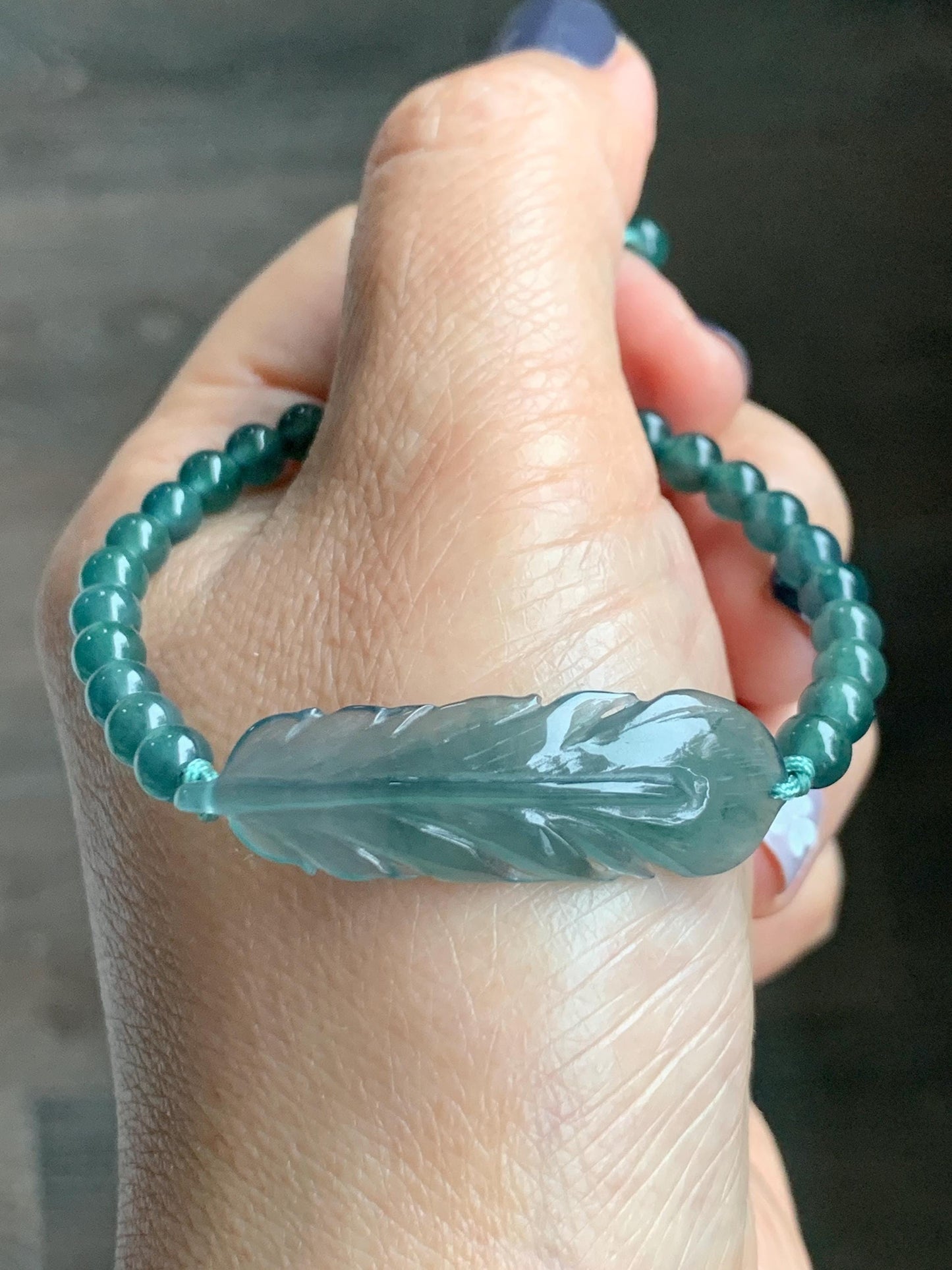 Natural Grade A Guatemalan Icy Highly Translucent Dark Teal Blue Jade Jadeite Feather Cuff Beaded Bracelet 6.75” 8g 天然冰危蓝绿翡翠羽毛圆珠手串 WYM196