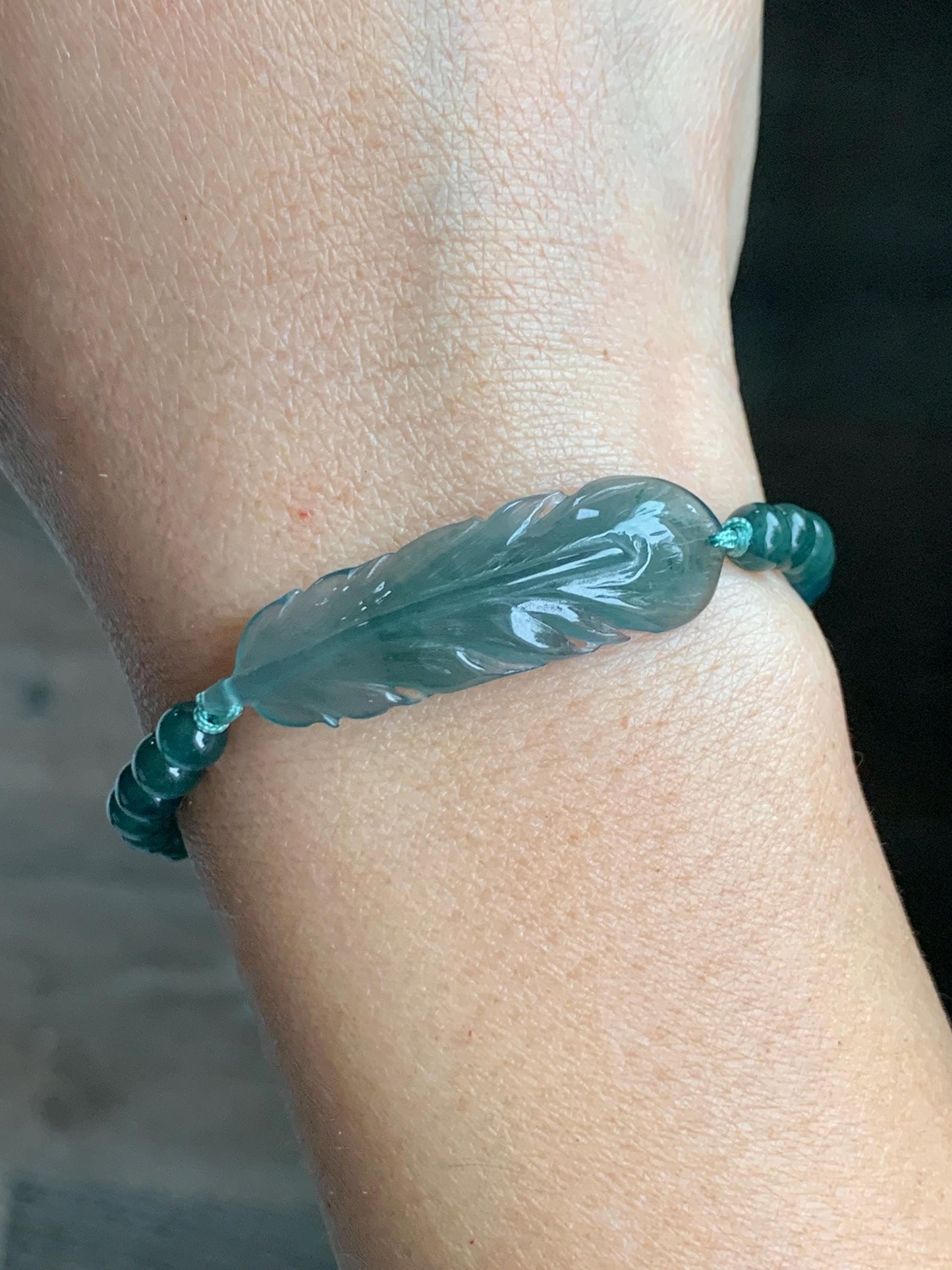 Natural Grade A Guatemalan Icy Highly Translucent Dark Teal Blue Jade Jadeite Feather Cuff Beaded Bracelet 6.75” 8g 天然冰危蓝绿翡翠羽毛圆珠手串 WYM196