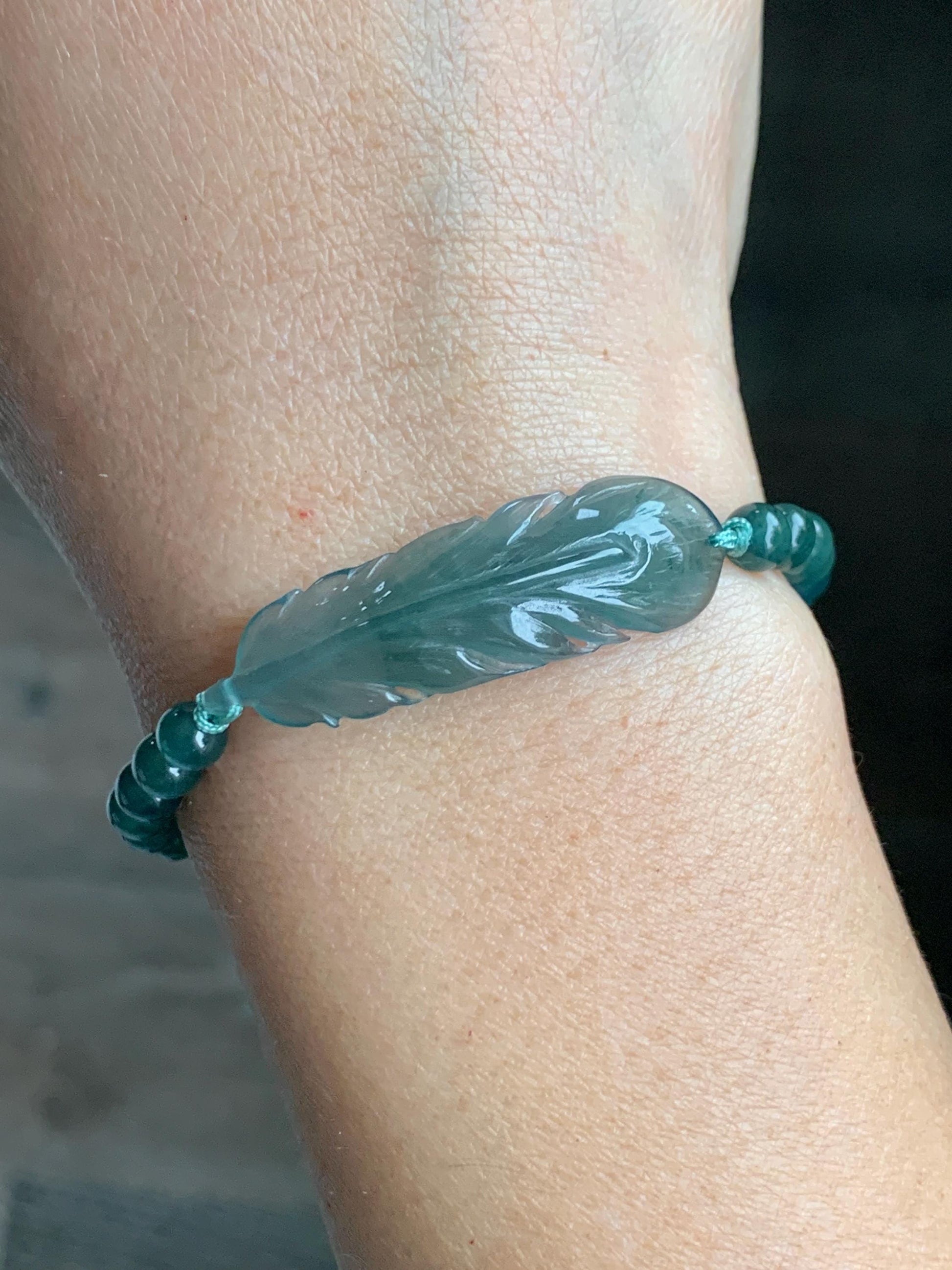 Natural Grade A Guatemalan Icy Highly Translucent Dark Teal Blue Jade Jadeite Feather Cuff Beaded Bracelet 6.75” 8g 天然冰危蓝绿翡翠羽毛圆珠手串 WYM196