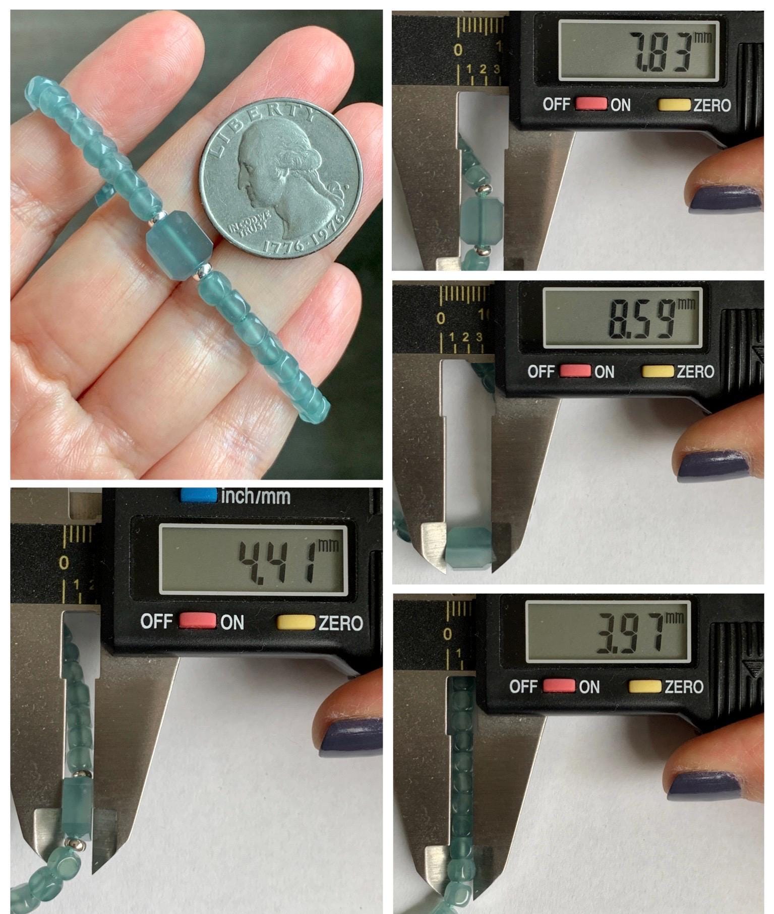 Natural Grade A Guatemalan Icy Highly Translucent Light Teal Jade Jadeite Cube Beaded Bracelet Sterling Silver 6.5-7.75” 天然冰危蓝绿翡翠方形珠手串WXF223