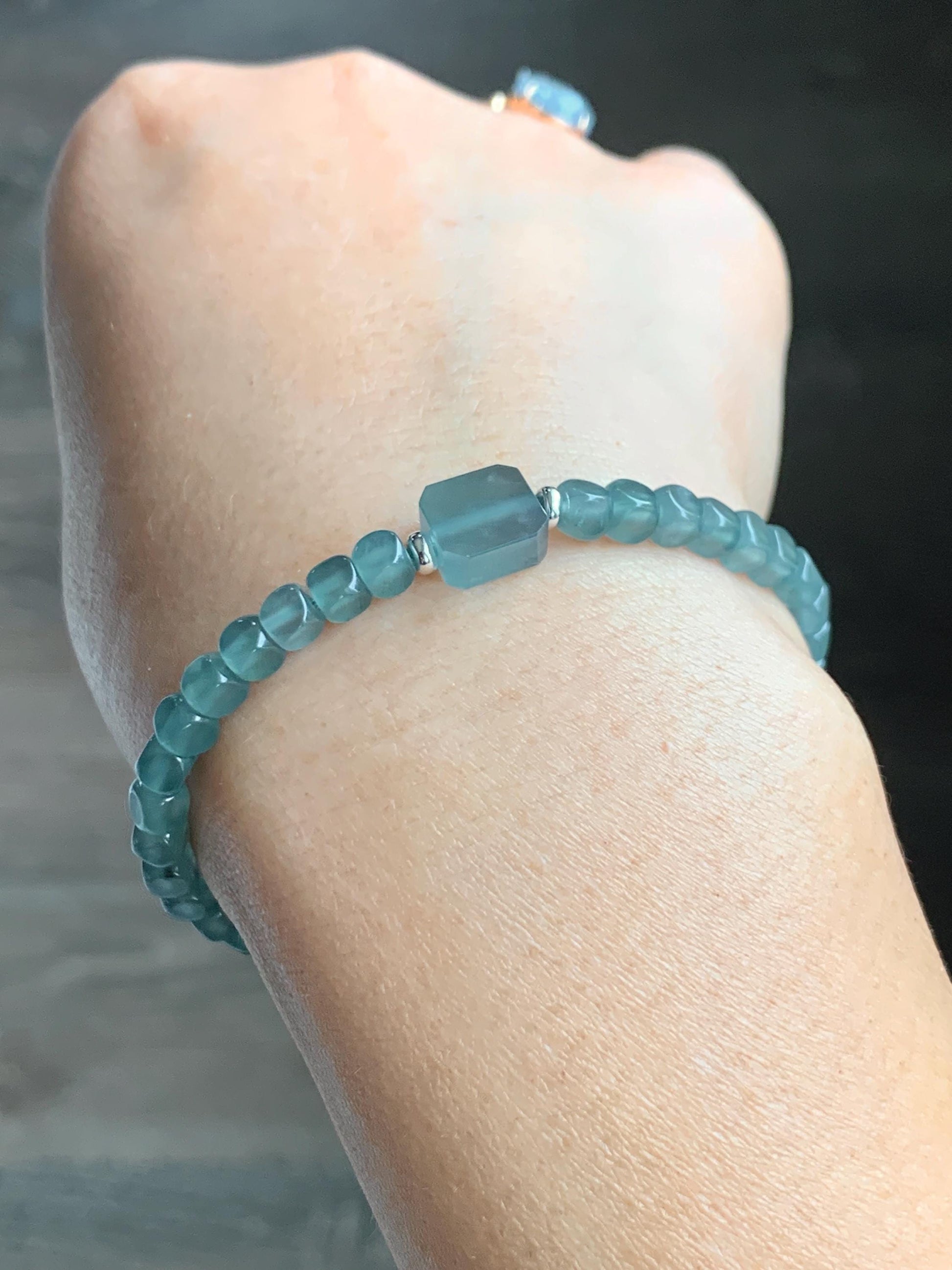 Natural Grade A Guatemalan Icy Highly Translucent Light Teal Jade Jadeite Cube Beaded Bracelet Sterling Silver 6.5-7.75” 天然冰危蓝绿翡翠方形珠手串WXF223