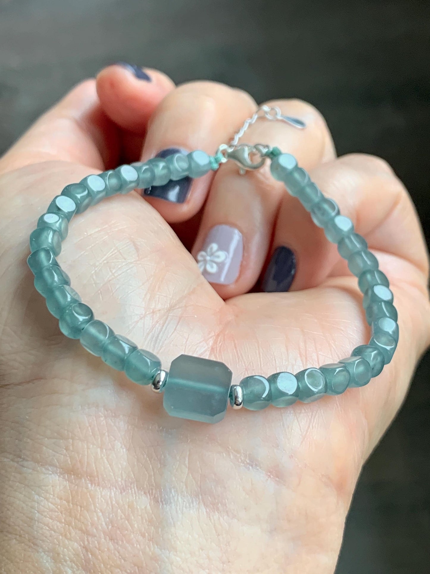 Natural Grade A Guatemalan Icy Highly Translucent Light Teal Jade Jadeite Cube Beaded Bracelet Sterling Silver 6.5-7.75” 天然冰危蓝绿翡翠方形珠手串WXF223