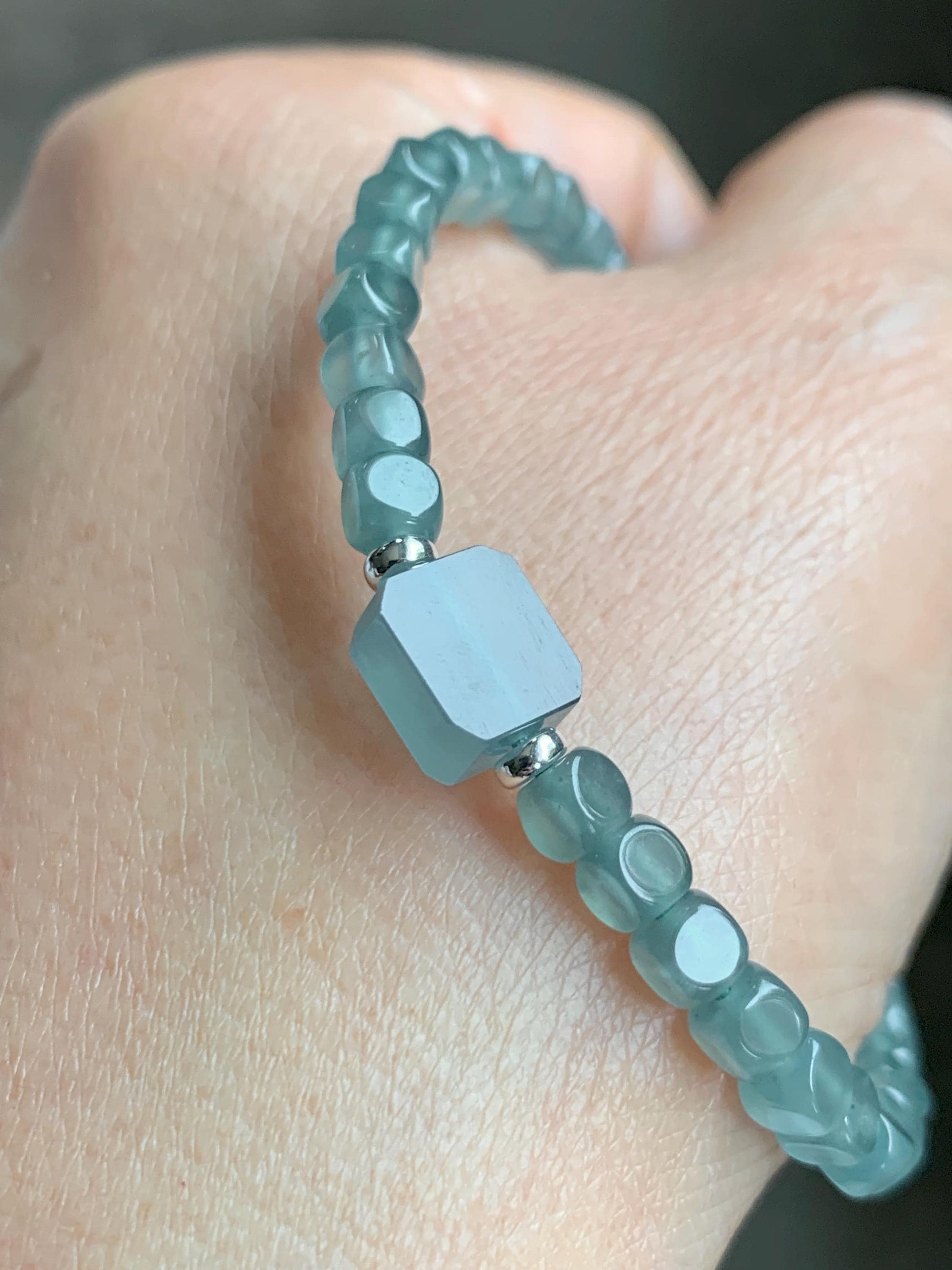 Natural Grade A Guatemalan Icy Highly Translucent Light Teal Jade Jadeite Cube Beaded Bracelet Sterling Silver 6.5-7.75” 天然冰危蓝绿翡翠方形珠手串WXF223