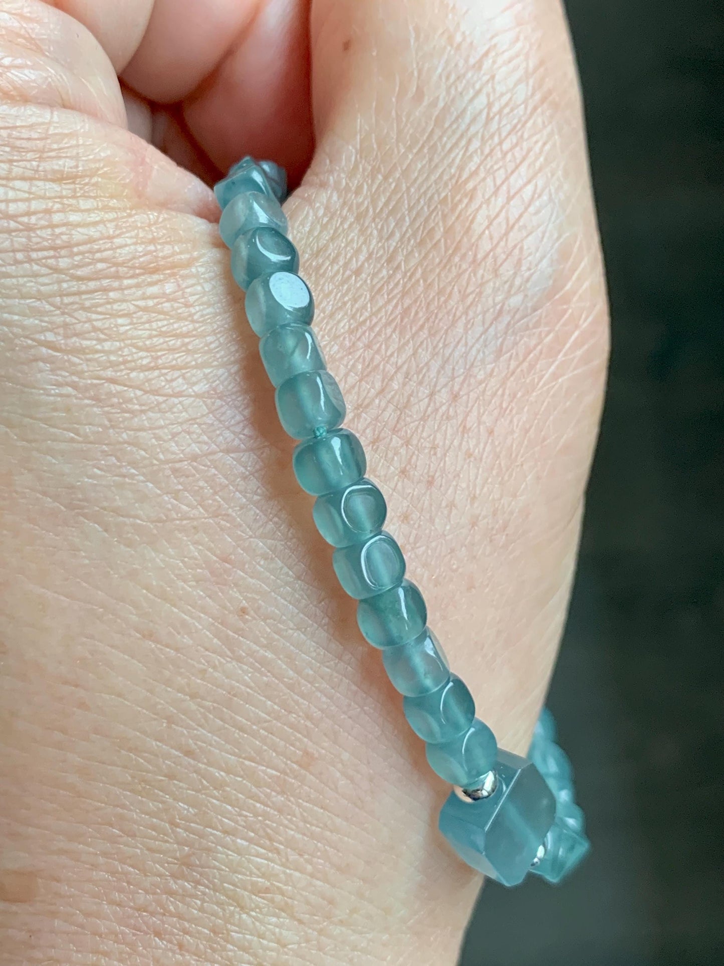Natural Grade A Guatemalan Icy Highly Translucent Light Teal Jade Jadeite Cube Beaded Bracelet Sterling Silver 6.5-7.75” 天然冰危蓝绿翡翠方形珠手串WXF223