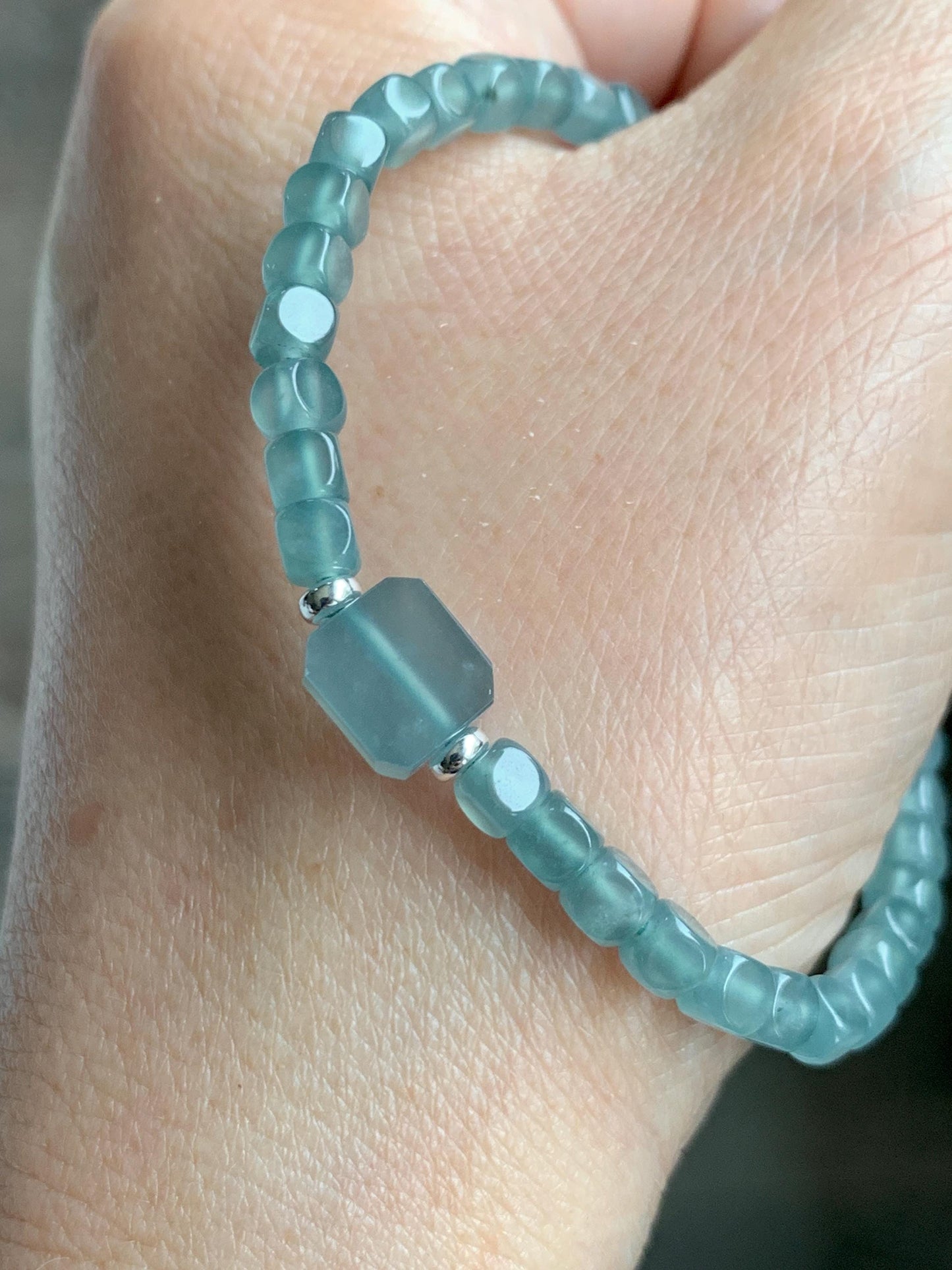 Natural Grade A Guatemalan Icy Highly Translucent Light Teal Jade Jadeite Cube Beaded Bracelet Sterling Silver 6.5-7.75” 天然冰危蓝绿翡翠方形珠手串WXF223