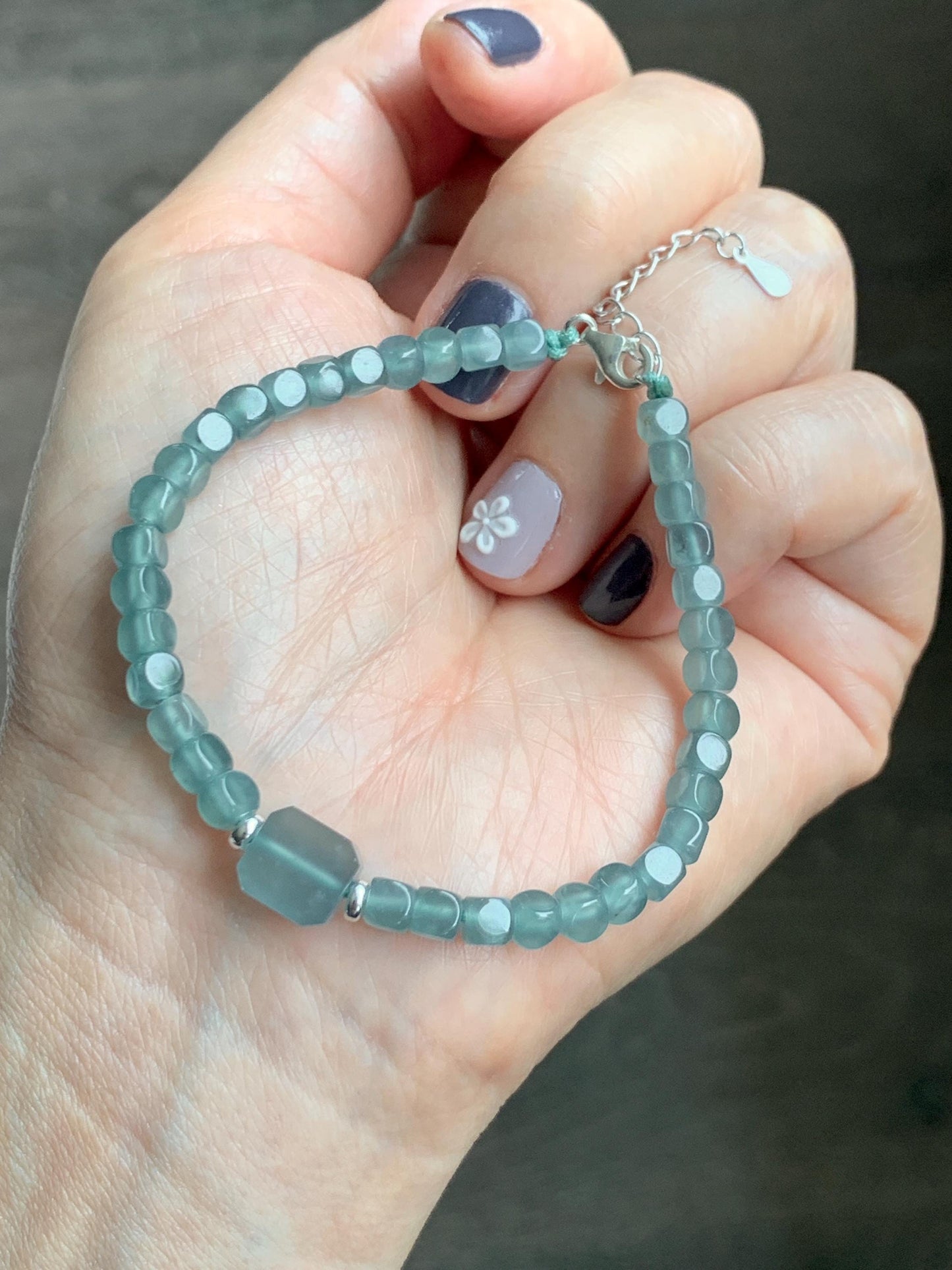 Natural Grade A Guatemalan Icy Highly Translucent Light Teal Jade Jadeite Cube Beaded Bracelet Sterling Silver 6.5-7.75” 天然冰危蓝绿翡翠方形珠手串WXF223