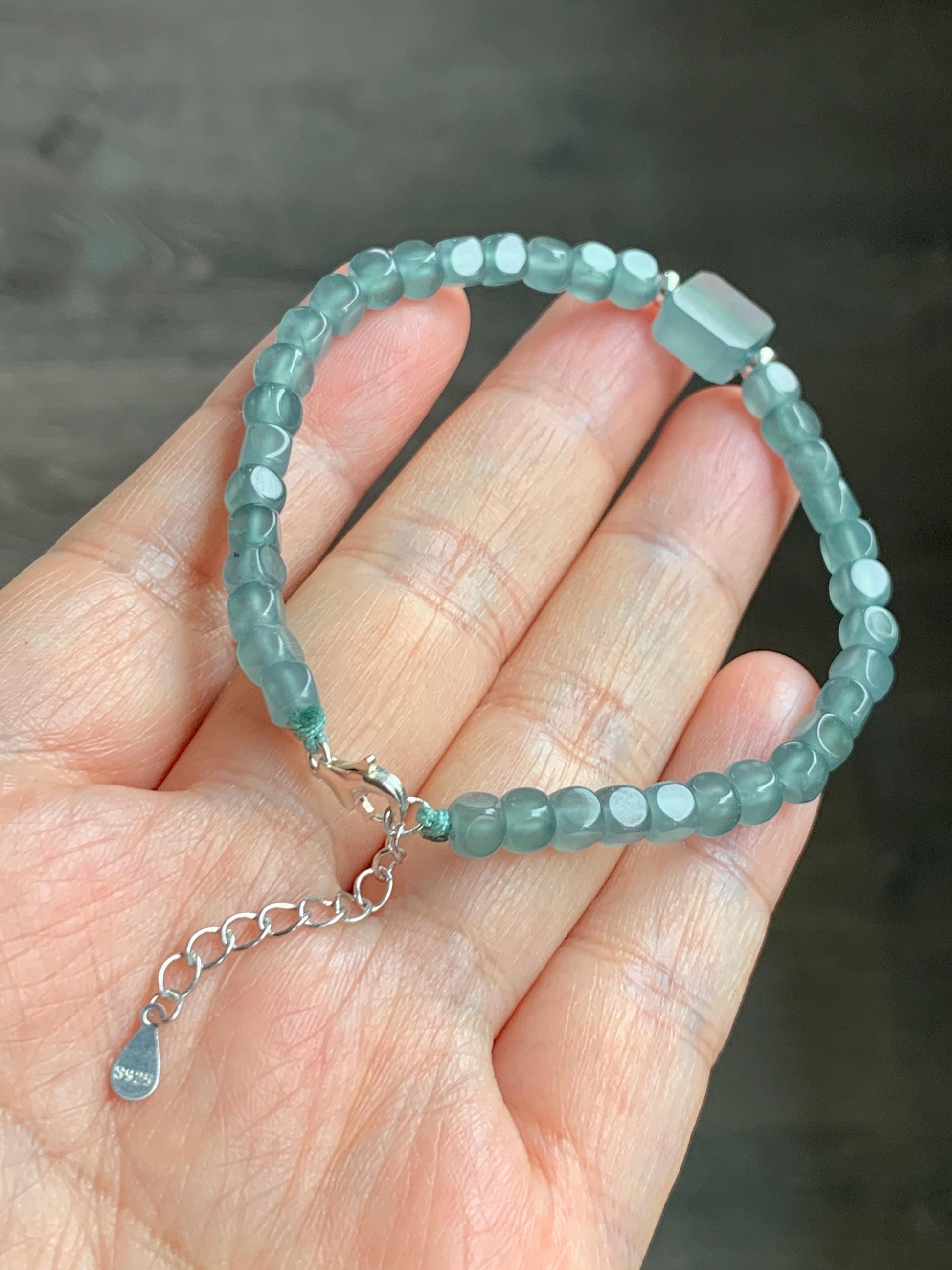 Natural Grade A Guatemalan Icy Highly Translucent Light Teal Jade Jadeite Cube Beaded Bracelet Sterling Silver 6.5-7.75” 天然冰危蓝绿翡翠方形珠手串WXF223