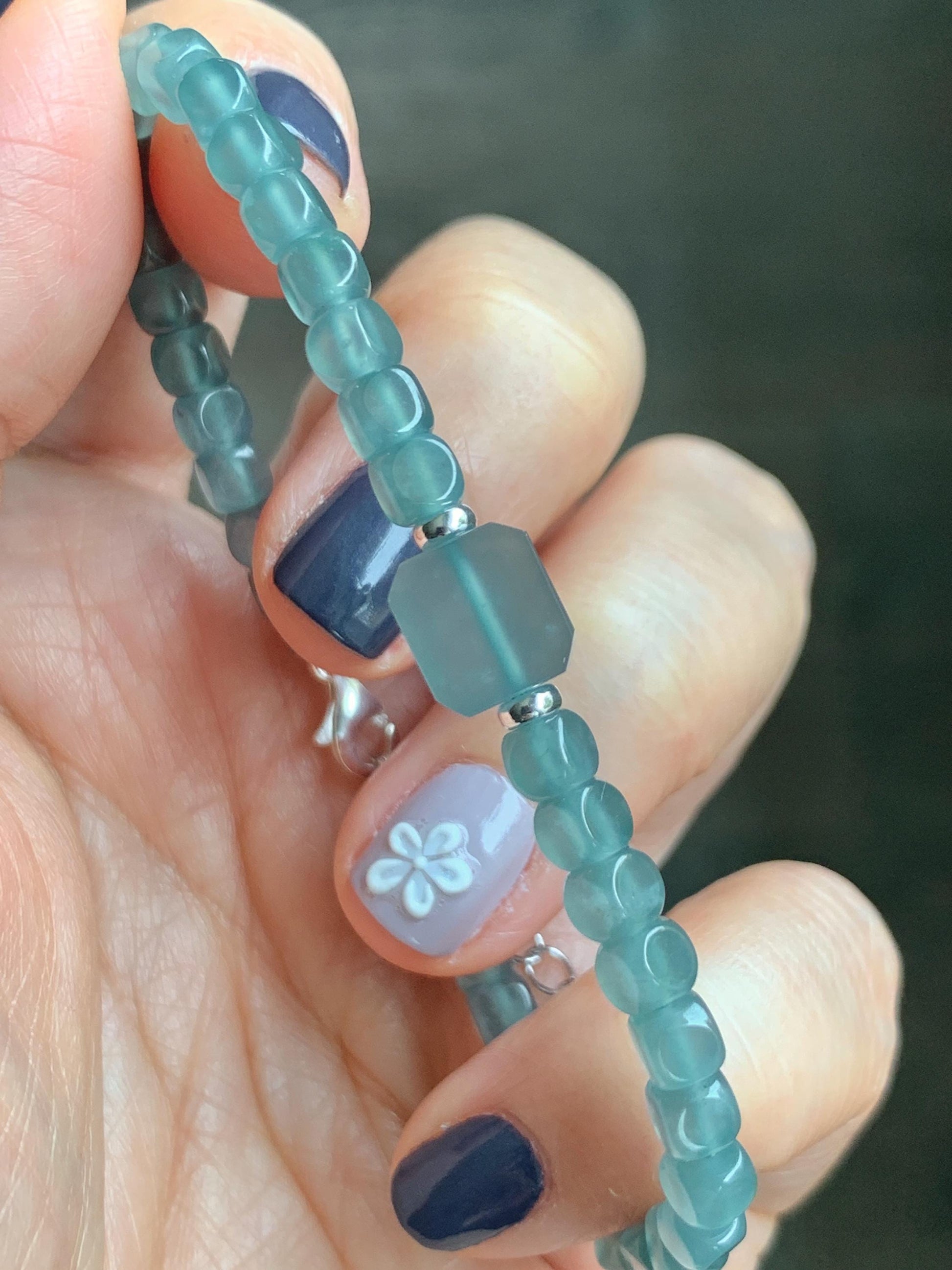 Natural Grade A Guatemalan Icy Highly Translucent Light Teal Jade Jadeite Cube Beaded Bracelet Sterling Silver 6.5-7.75” 天然冰危蓝绿翡翠方形珠手串WXF223