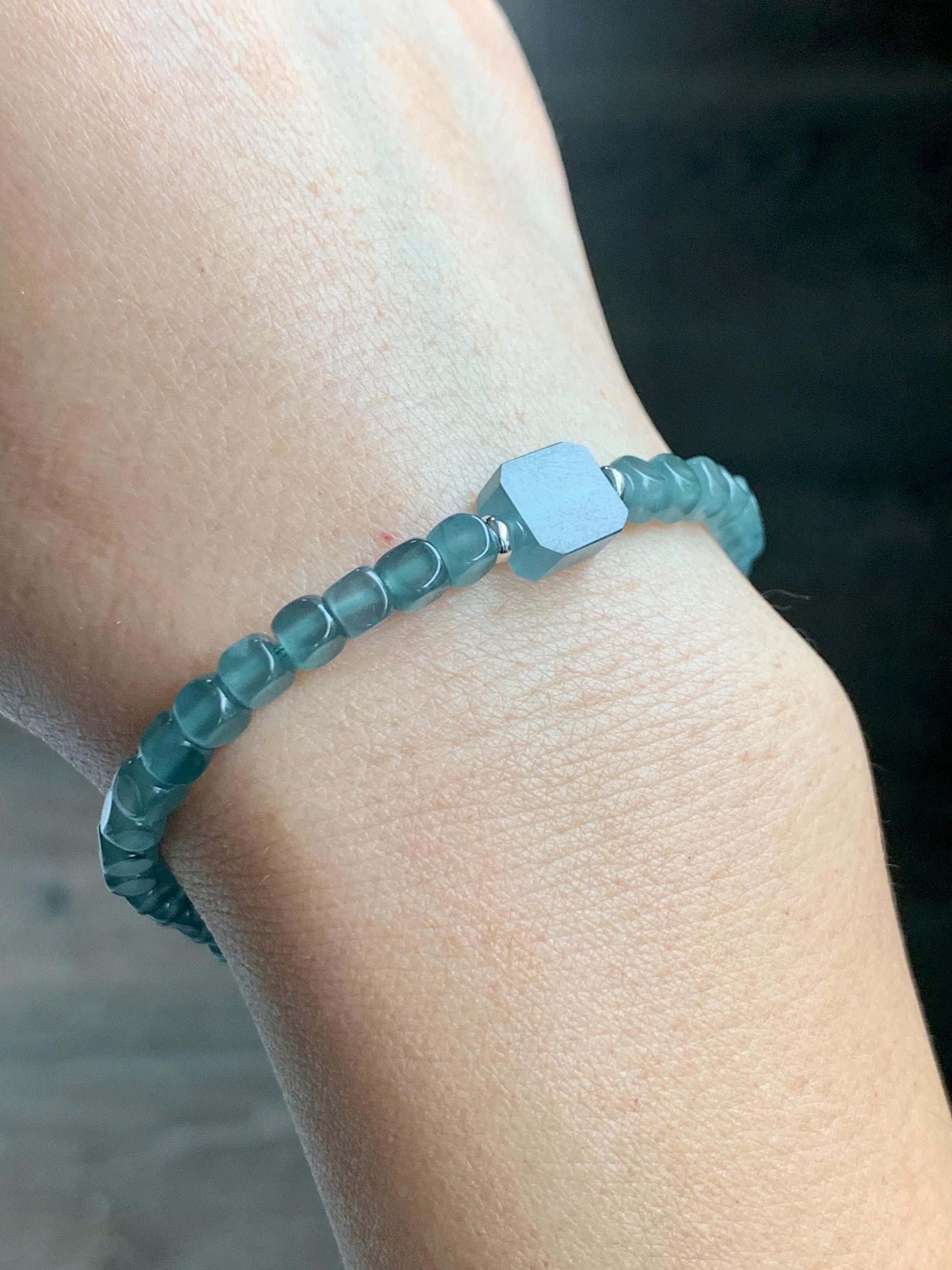 Natural Grade A Guatemalan Icy Highly Translucent Light Teal Jade Jadeite Cube Beaded Bracelet Sterling Silver 6.5-7.75” 天然冰危蓝绿翡翠方形珠手串WXF223