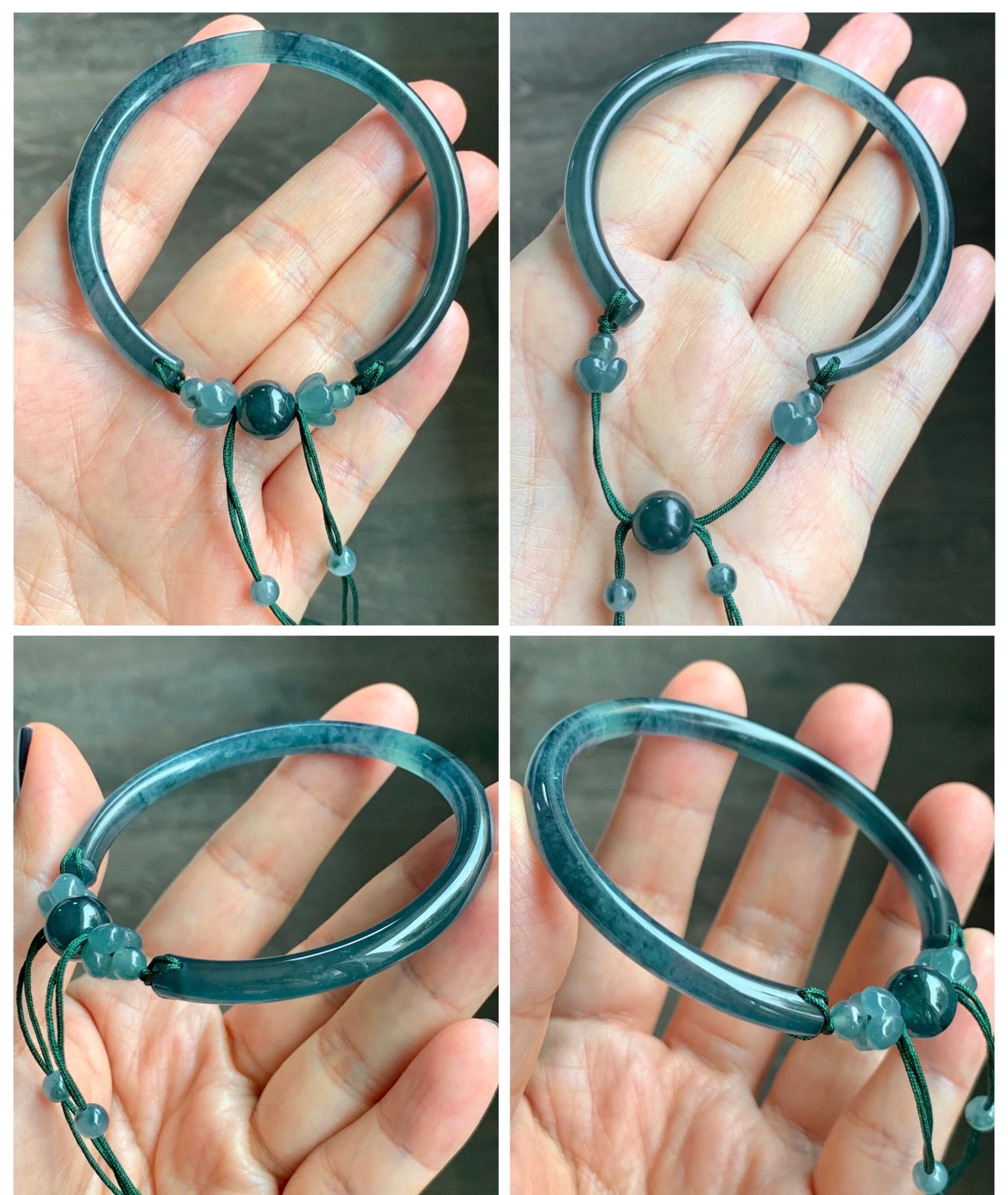 Certified Natural Grade A Guatemalan Icy Translucent Dark Teal Blue Jadeite Open Bangle Osmanthus Flower Bracelet 55.1mm 天然冰胶危深篮翡翠桂花开口手镯 606