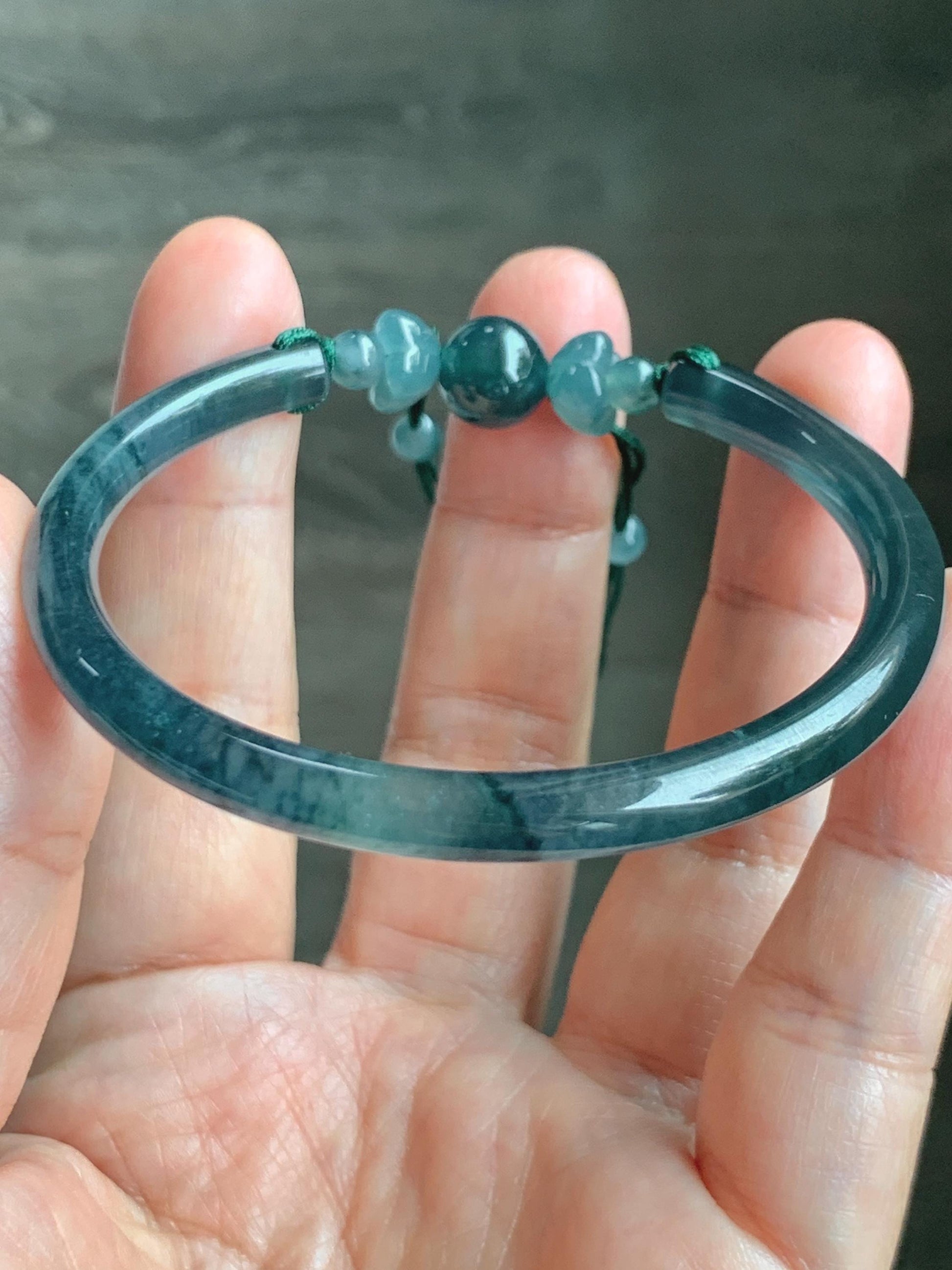 Certified Natural Grade A Guatemalan Icy Translucent Dark Teal Blue Jadeite Open Bangle Osmanthus Flower Bracelet 55.1mm 天然冰胶危深篮翡翠桂花开口手镯 606
