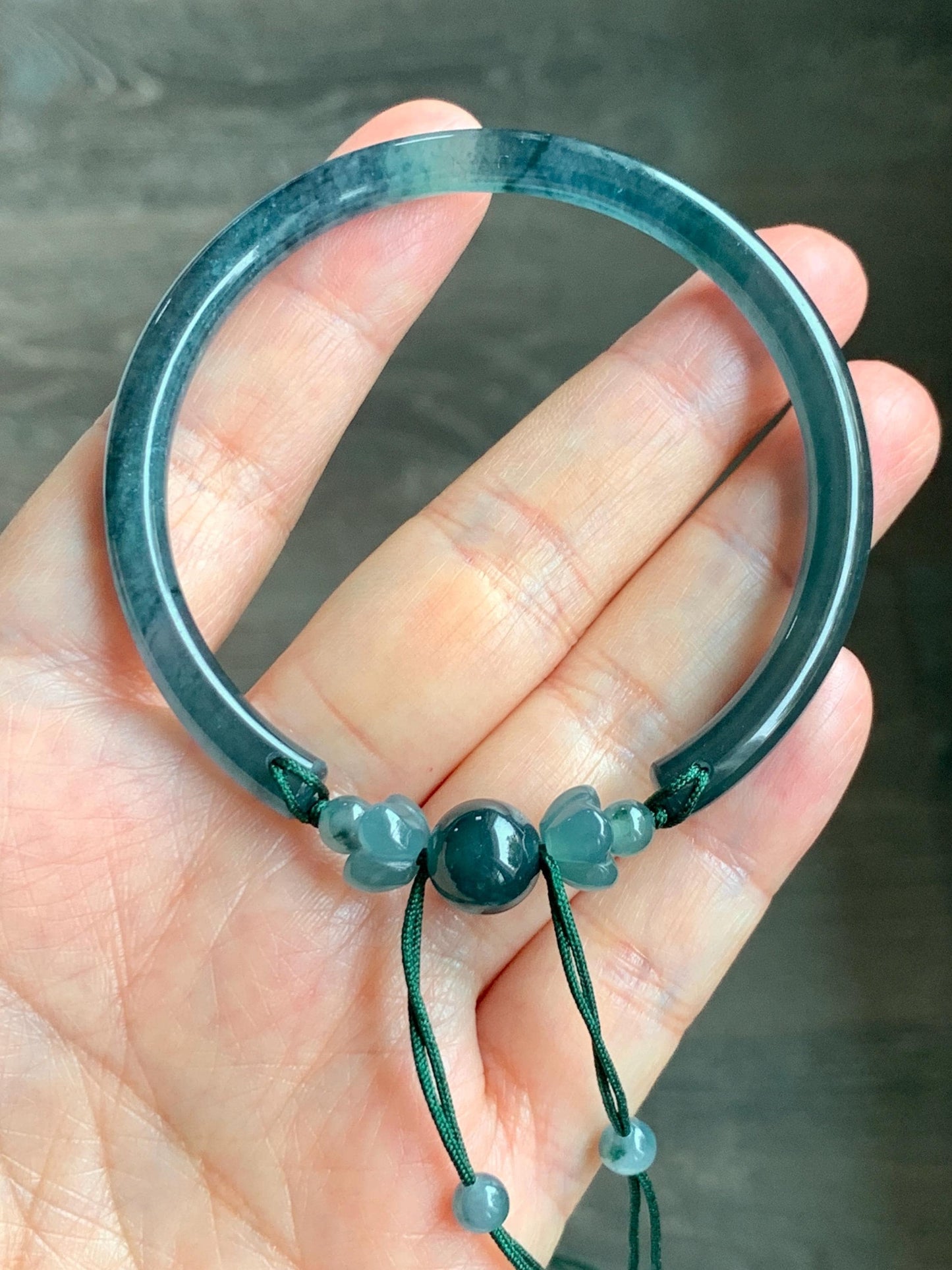 Certified Natural Grade A Guatemalan Icy Translucent Dark Teal Blue Jadeite Open Bangle Osmanthus Flower Bracelet 55.1mm 天然冰胶危深篮翡翠桂花开口手镯 606