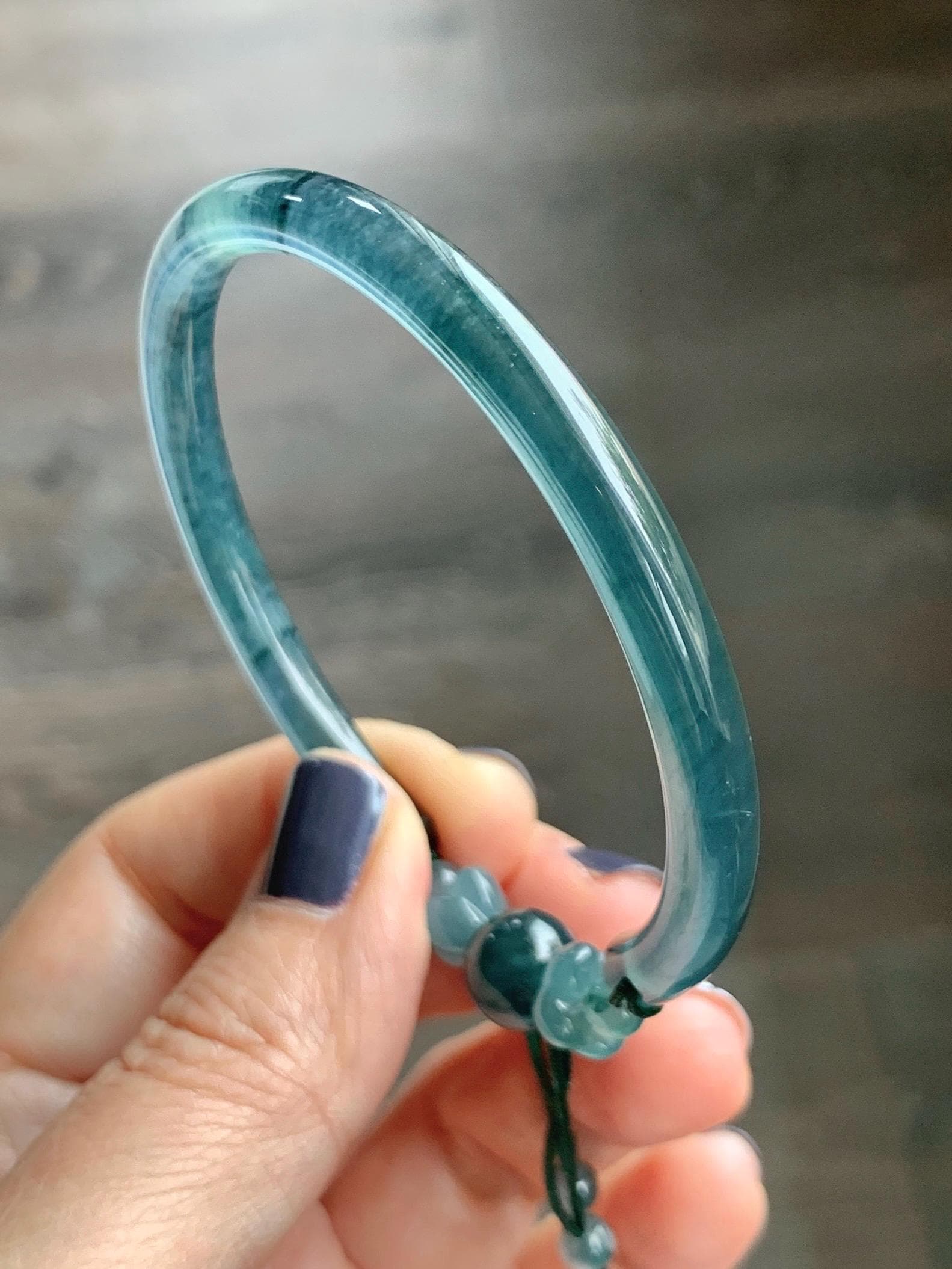 Certified Natural Grade A Guatemalan Icy Translucent Dark Teal Blue Jadeite Open Bangle Osmanthus Flower Bracelet 55.1mm 天然冰胶危深篮翡翠桂花开口手镯 606