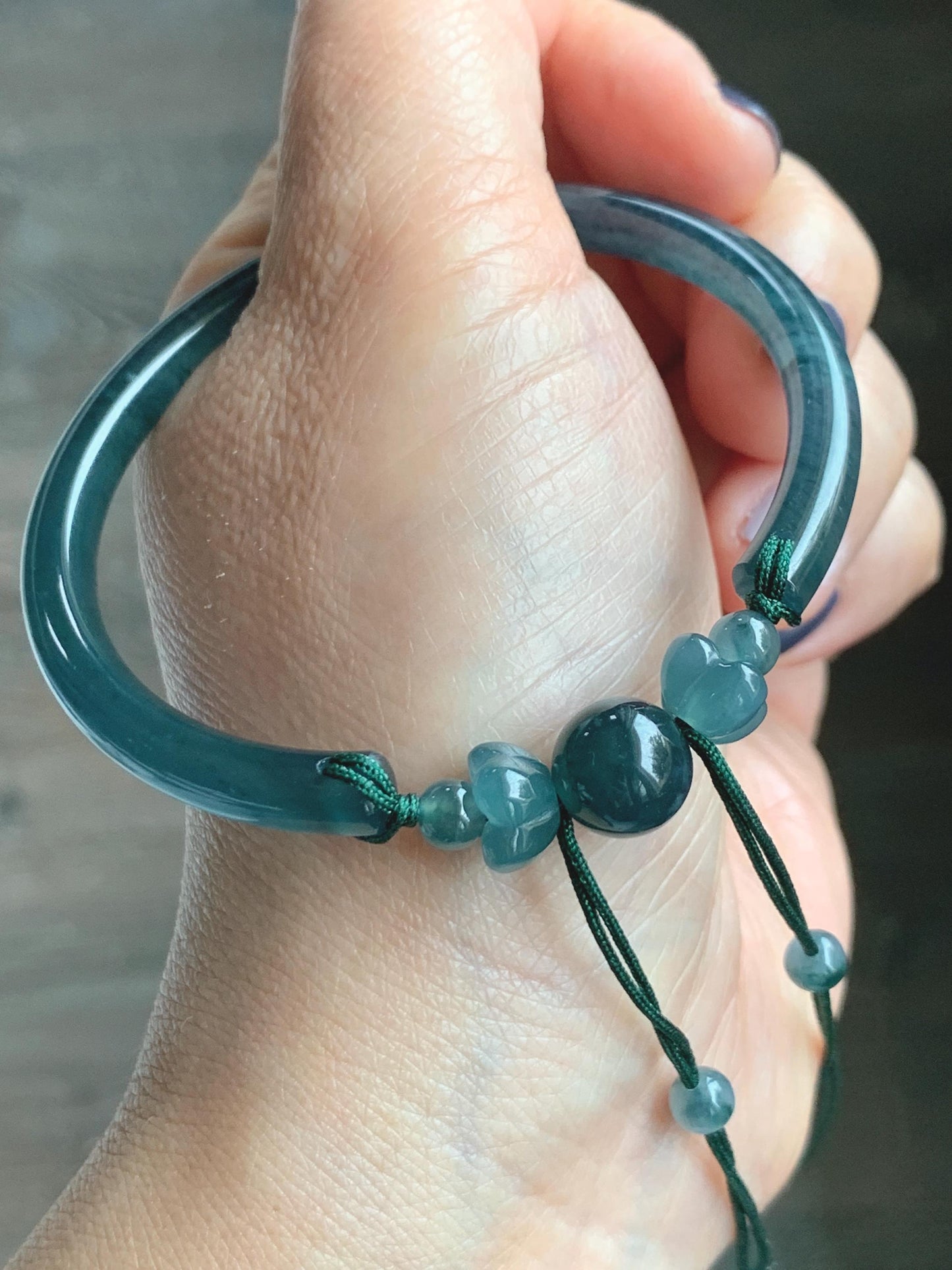Certified Natural Grade A Guatemalan Icy Translucent Dark Teal Blue Jadeite Open Bangle Osmanthus Flower Bracelet 55.1mm 天然冰胶危深篮翡翠桂花开口手镯 606