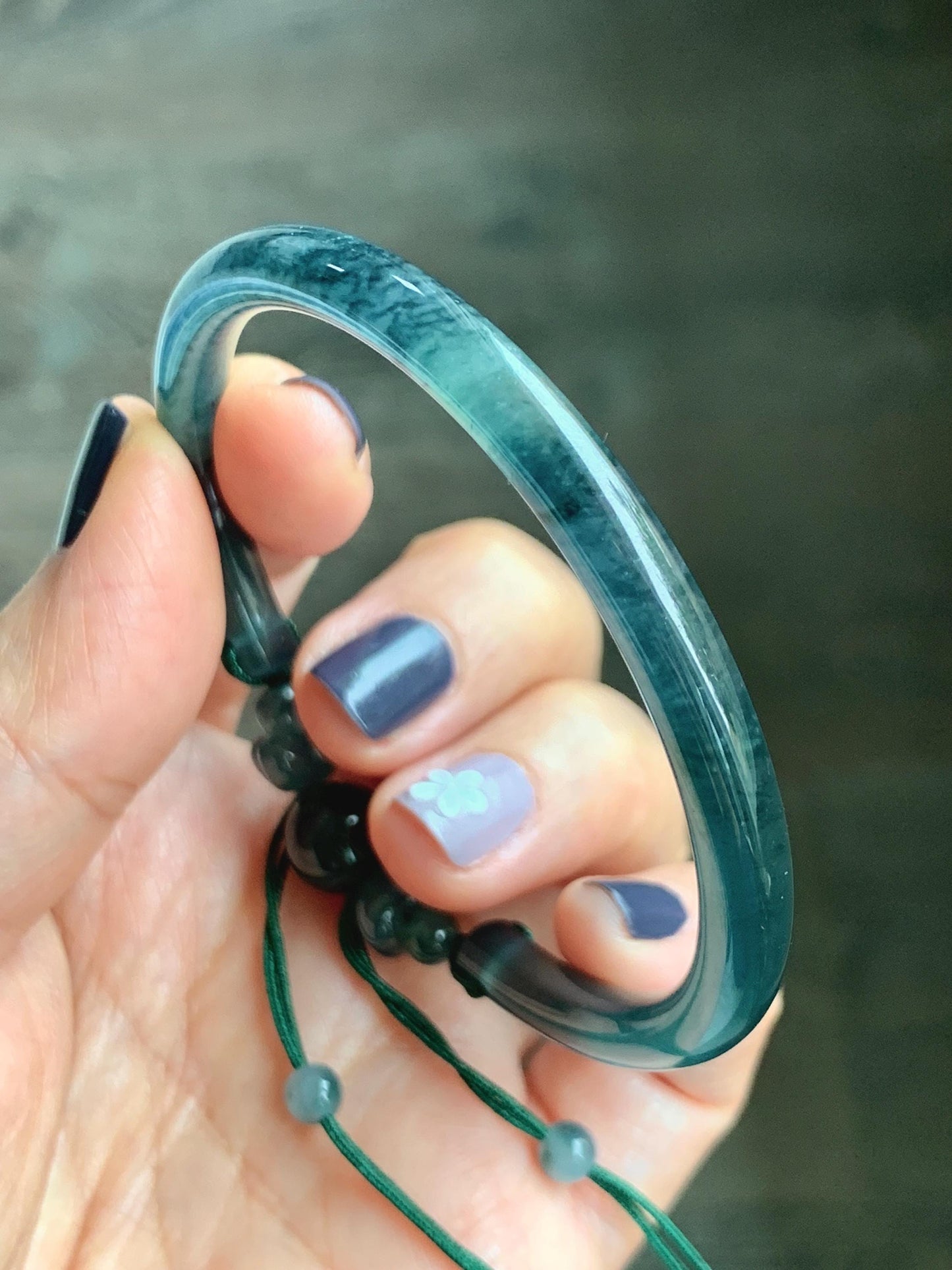 Certified Natural Grade A Guatemalan Icy Translucent Dark Teal Blue Jadeite Open Bangle Osmanthus Flower Bracelet 55.1mm 天然冰胶危深篮翡翠桂花开口手镯 606
