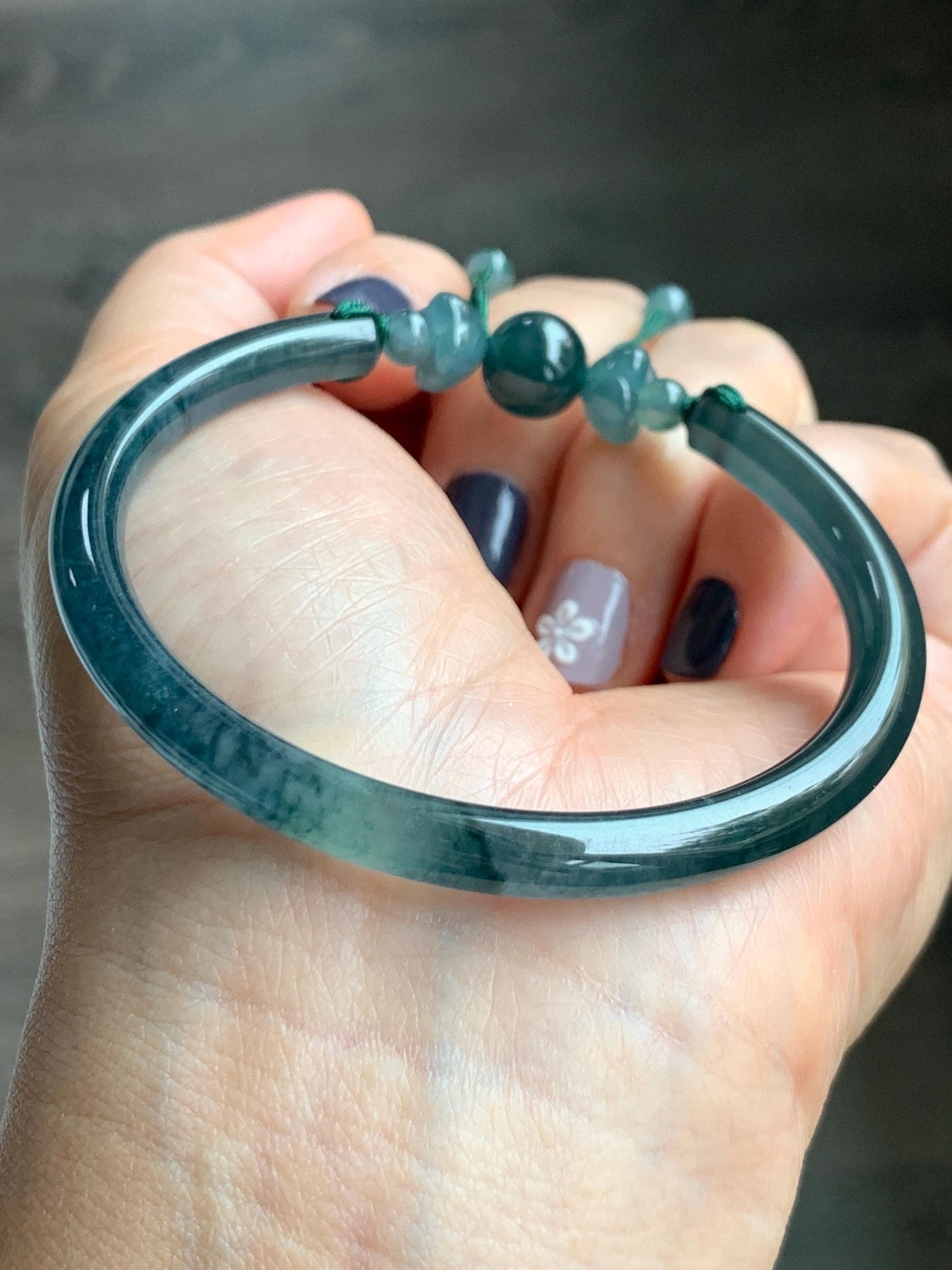 Certified Natural Grade A Guatemalan Icy Translucent Dark Teal Blue Jadeite Open Bangle Osmanthus Flower Bracelet 55.1mm 天然冰胶危深篮翡翠桂花开口手镯 606