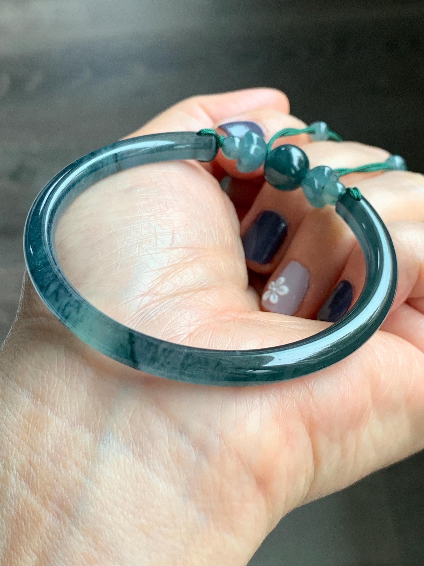 Certified Natural Grade A Guatemalan Icy Translucent Dark Teal Blue Jadeite Open Bangle Osmanthus Flower Bracelet 55.1mm 天然冰胶危深篮翡翠桂花开口手镯 606