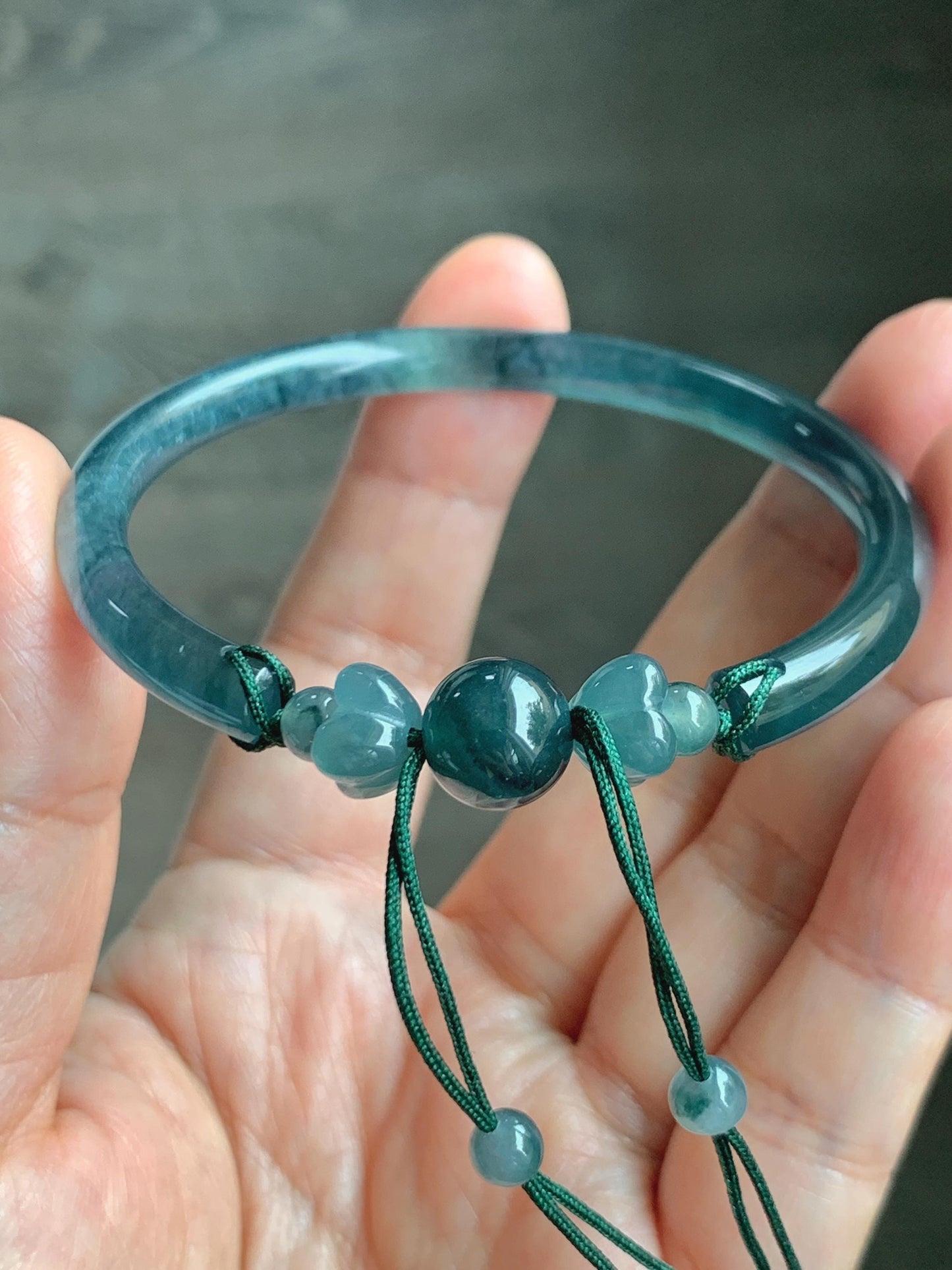 Certified Natural Grade A Guatemalan Icy Translucent Dark Teal Blue Jadeite Open Bangle Osmanthus Flower Bracelet 55.1mm 天然冰胶危深篮翡翠桂花开口手镯 606