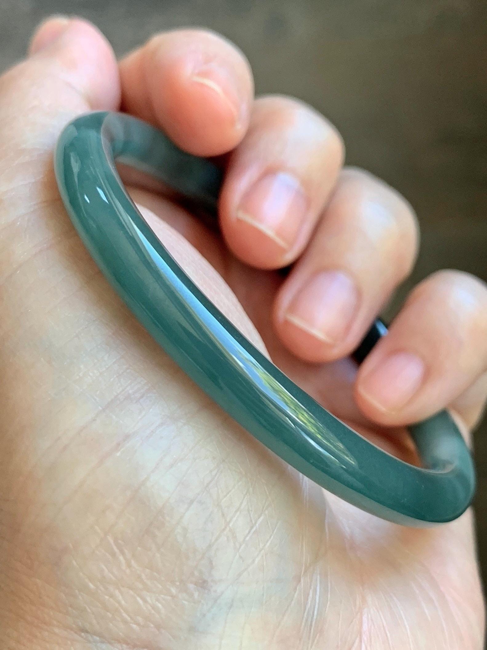 Certified Natural Grade A Guatemalan Icy Translucent Dark Dusty Teal Green Jade Jadeite Bangle Bracelet 56.7mm 7” 24g 天然冰危深蓝绿翡翠圆条手镯 517