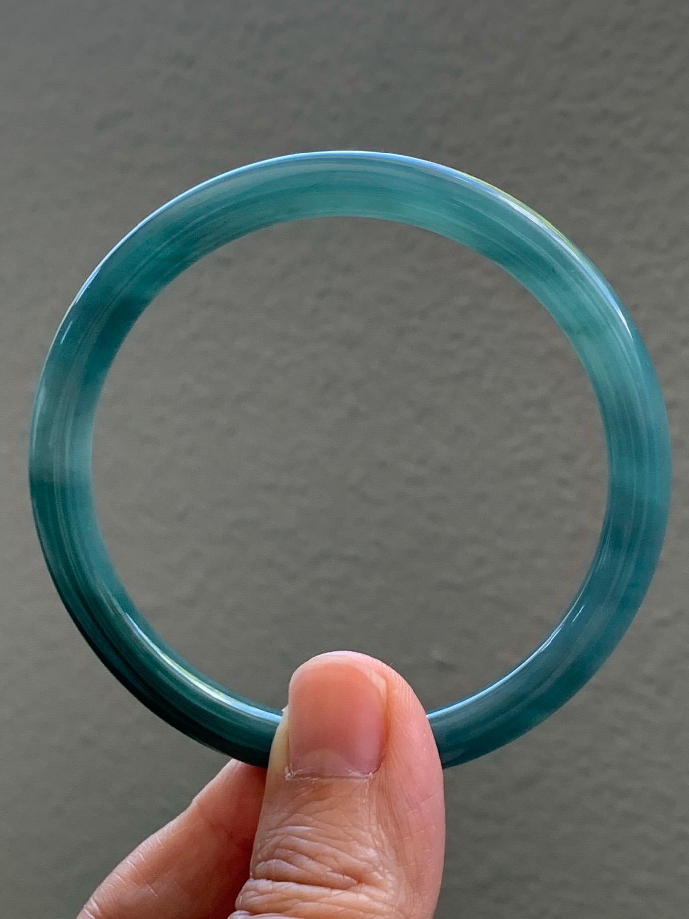 Certified Natural Grade A Guatemalan Icy Translucent Dark Dusty Teal Green Jade Jadeite Bangle Bracelet 56.7mm 7” 24g 天然冰危深蓝绿翡翠圆条手镯 517
