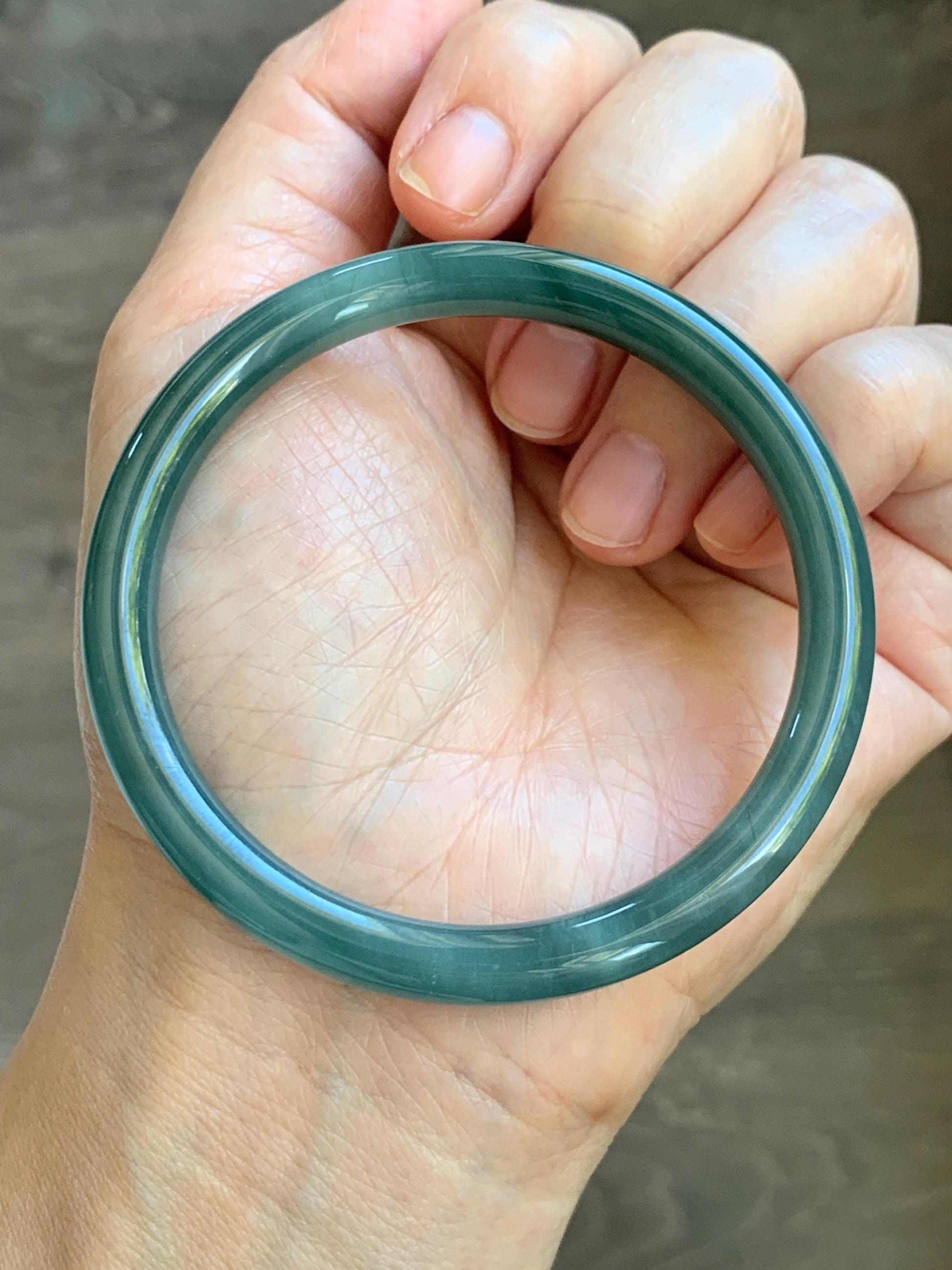 Certified Natural Grade A Guatemalan Icy Translucent Dark Dusty Teal Green Jade Jadeite Bangle Bracelet 56.7mm 7” 24g 天然冰危深蓝绿翡翠圆条手镯 517