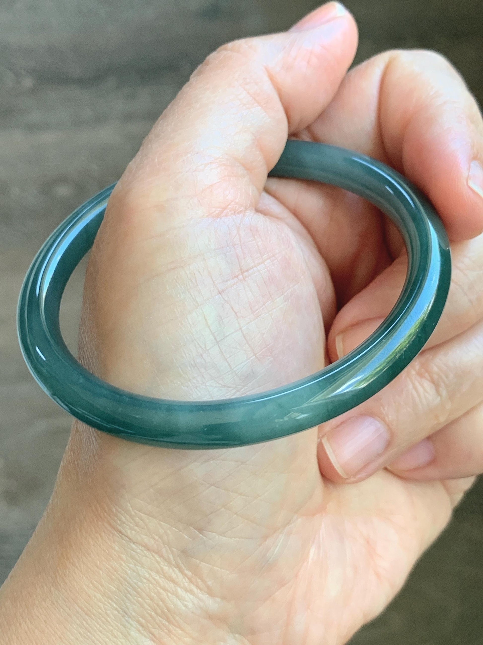 Certified Natural Grade A Guatemalan Icy Translucent Dark Dusty Teal Green Jade Jadeite Bangle Bracelet 56.7mm 7” 24g 天然冰危深蓝绿翡翠圆条手镯 517
