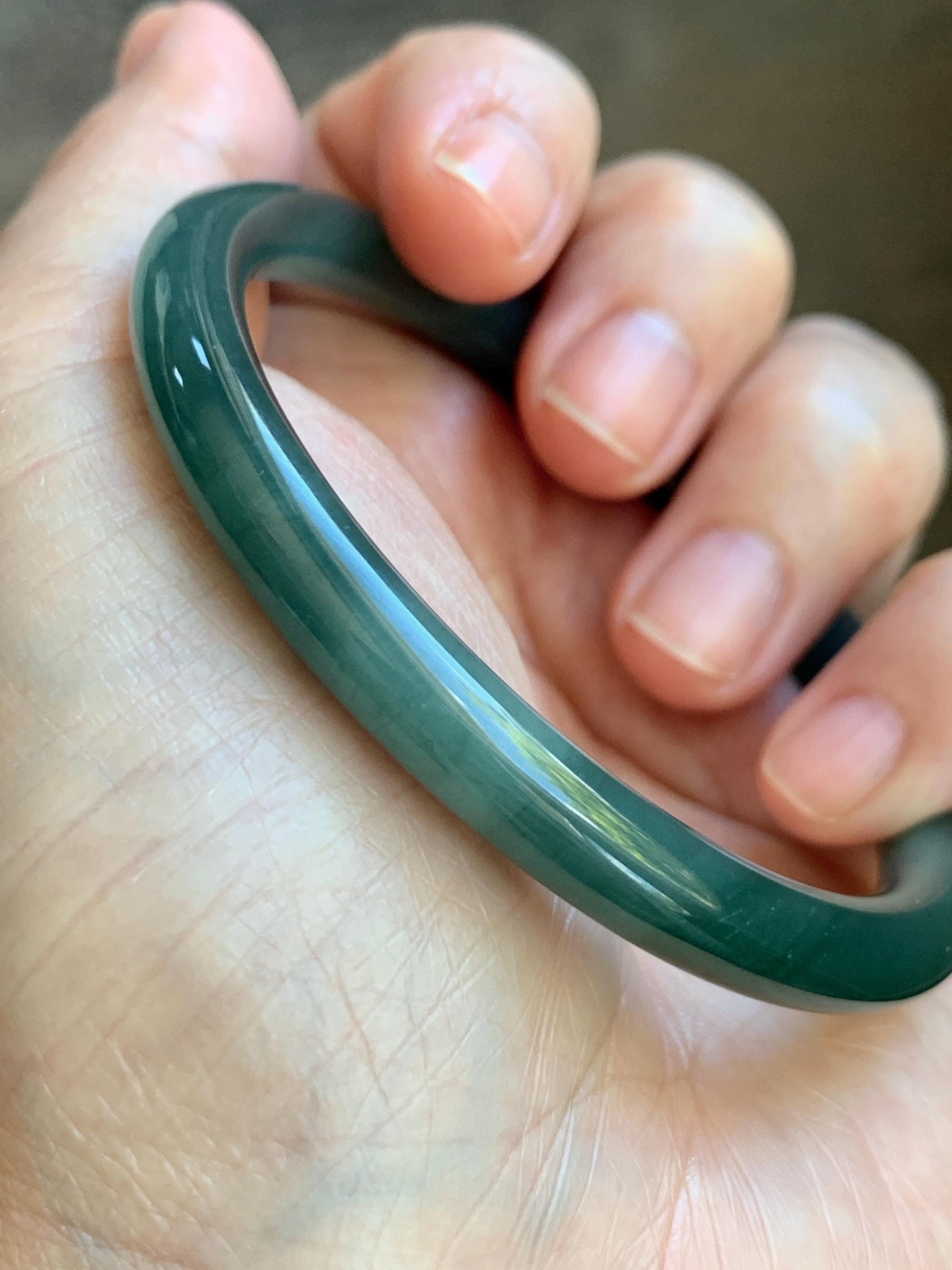 Certified Natural Grade A Guatemalan Icy Translucent Dark Dusty Teal Green Jade Jadeite Bangle Bracelet 56.7mm 7” 24g 天然冰危深蓝绿翡翠圆条手镯 517